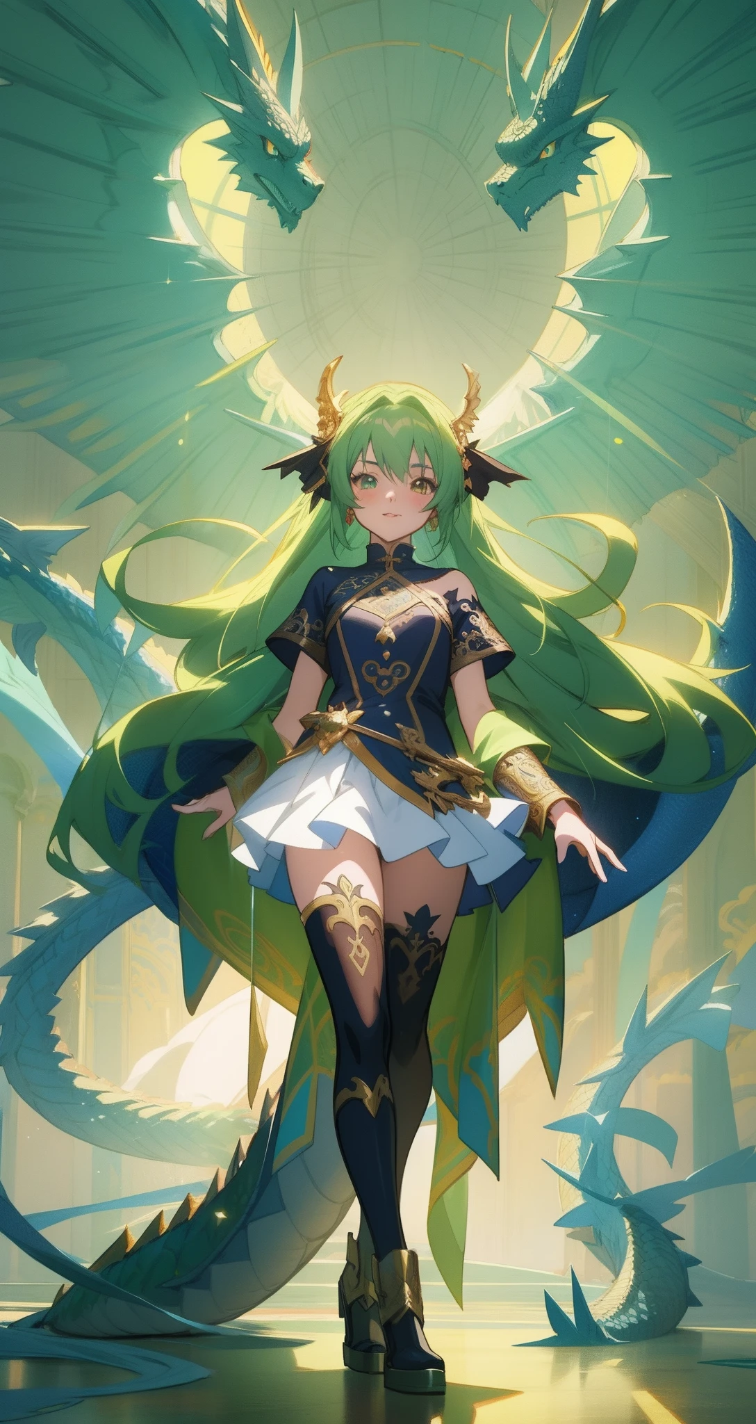 Anime girl with green hair and wings standing in front of a giant dragon, anime fantasy illustration, anime fantasy artwork, intricate ornate anime cgi style, detailed digital anime art, 2. 5 d cgi anime fantasy artwork, anime goddess, trending on artstation pixiv, detailed anime artwork, best anime 4k konachan wallpaper, beautiful fantasy anime, detailed anime character art