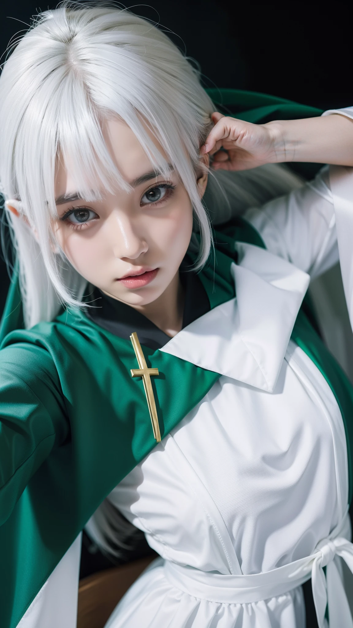 Nahida_Genshin,(White hair),cross-shaped pupils,default_dress,Green cape,