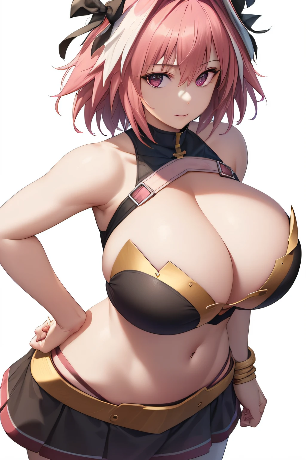 (Masterpiece, Best Quality, Highres:1.4), Detailed, Intricate Details, 4K,
1Girl, Solo, Mature, Standing, (astolfo \(fate\):1.1), (Facing Viewer:1.2), Upper Body,
Pink Hair, Medium Hair, Streaked Hair, Hair Ornament,
Purple Eyes,
Cleavage Cutout, Cleavage, Black Skirt, Striped Thighhighs,
(Huge Breasts:1.2),
(White Background, Simple Background:1.4),