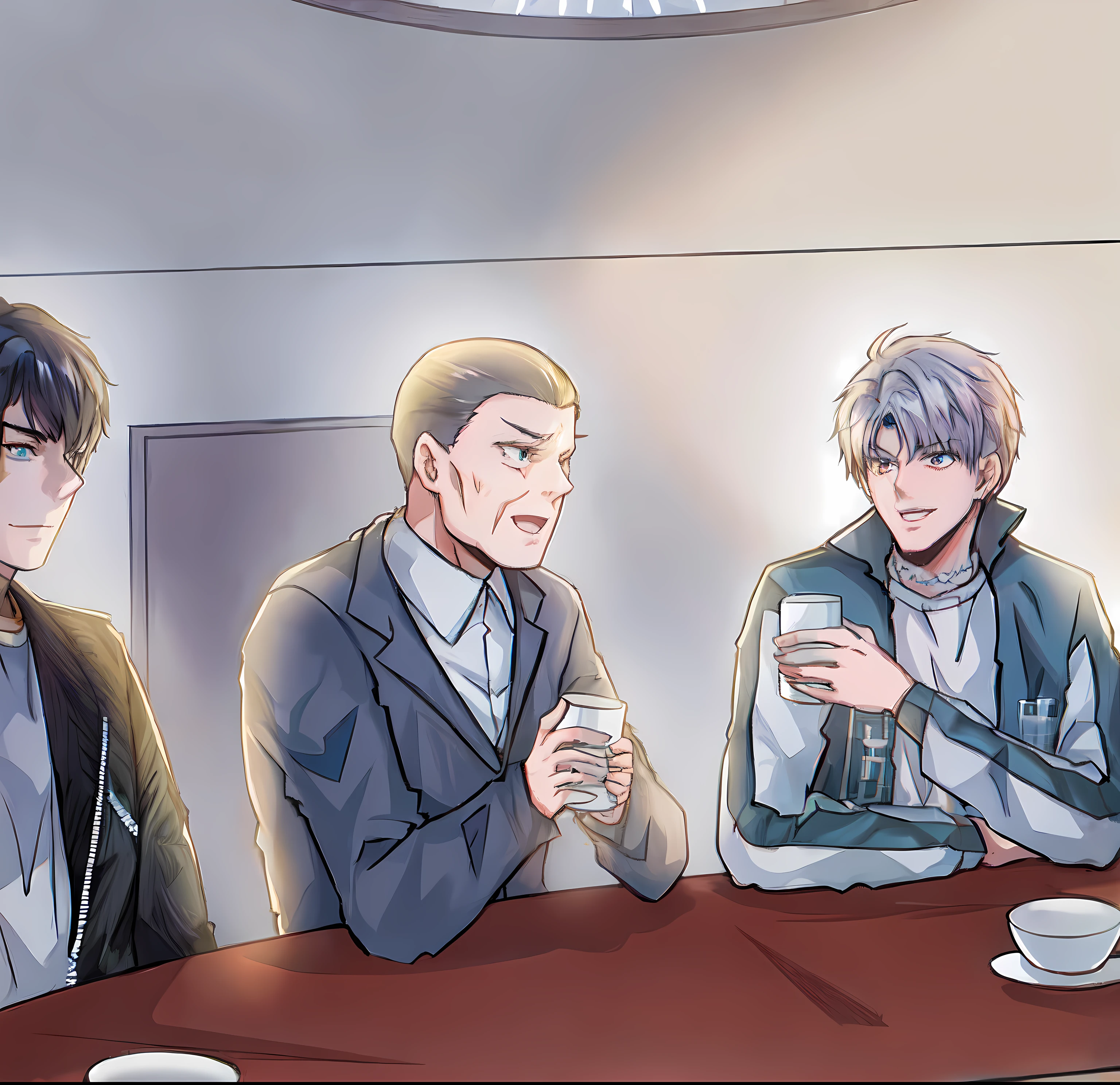 Three men sat at a table drinking coffee, High-quality fanart, official fanart, highly detailed exquisite fanart, cel shaded anime, inspired by Shingei, afternoon hangout, offcial art, in an anime style, at a bar, In anime style, sitting at the bar, ace attorney style, inspired by Munakata Shikō, cel - shaded art style