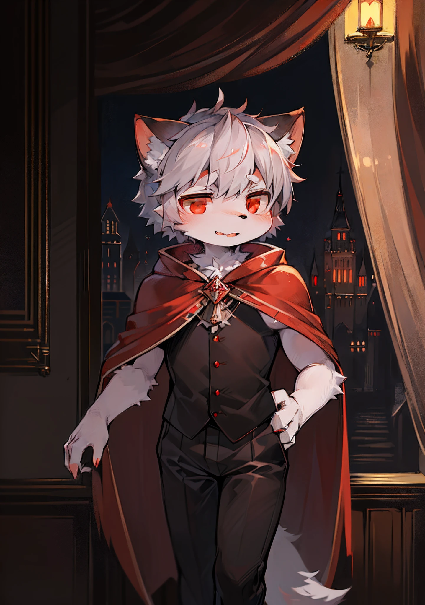 (dark environment:0.8),masterpiece, high quality, absurd res, digital painting \(artwork\), by dagasi, yupa,kiyosan,(anthro,fluffy fur,character focus:1.1),anthro male cat,short hair,portrait, bright eyes,panorama,character focus.(detailed background:0.7),solo,furry,furry male ,male focus,anthr,(Full body fur, fluffy tail, white fur,red eyes,gray hair:1.2),(long canines,vampire, cape:1.2),(interior,night, castle, coffin:1.1)