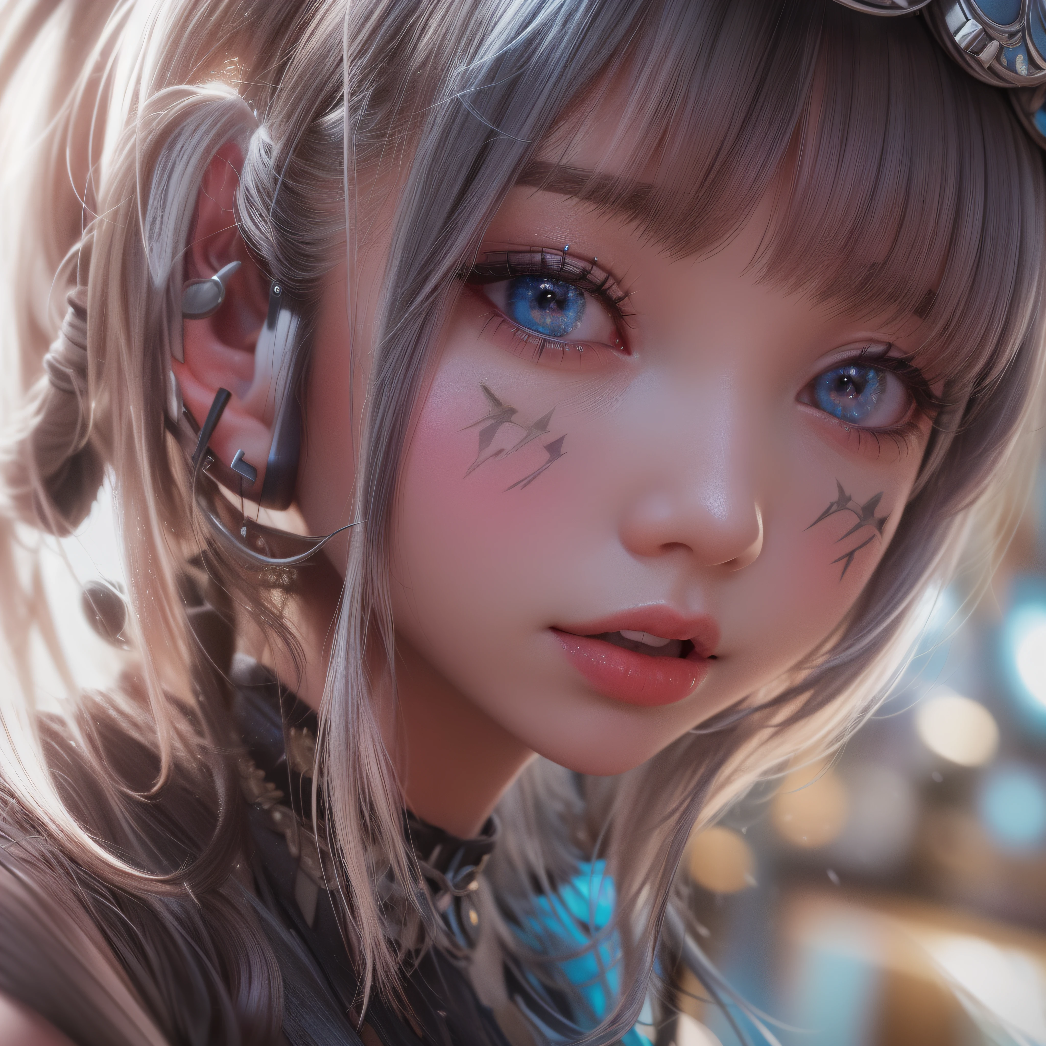Close up of a smile with the corners of the mouth raised、head phone、head phone、Punk Fashion Cosplay、(realisitic、hight resolution)、(1 girl in)、Do-Up Eye、Korean Girl、(Best Quality), (masutepiece), (1girl in), Solo, a beauty girl, Perfect face, Big Breast,dreamlikeart、Highly detailed airbrush art((Surreal))、Volumetric lighting、(top-quality)、The ultra-detailliert、(The composition of the movement:1.4)、Highly detailed colorful details、(Bright lighting)、dynamic compositions、Ray traching、The mirror reflects light、Shallow depth of field、ultra-detailliert、mixing exposure、nffsw、