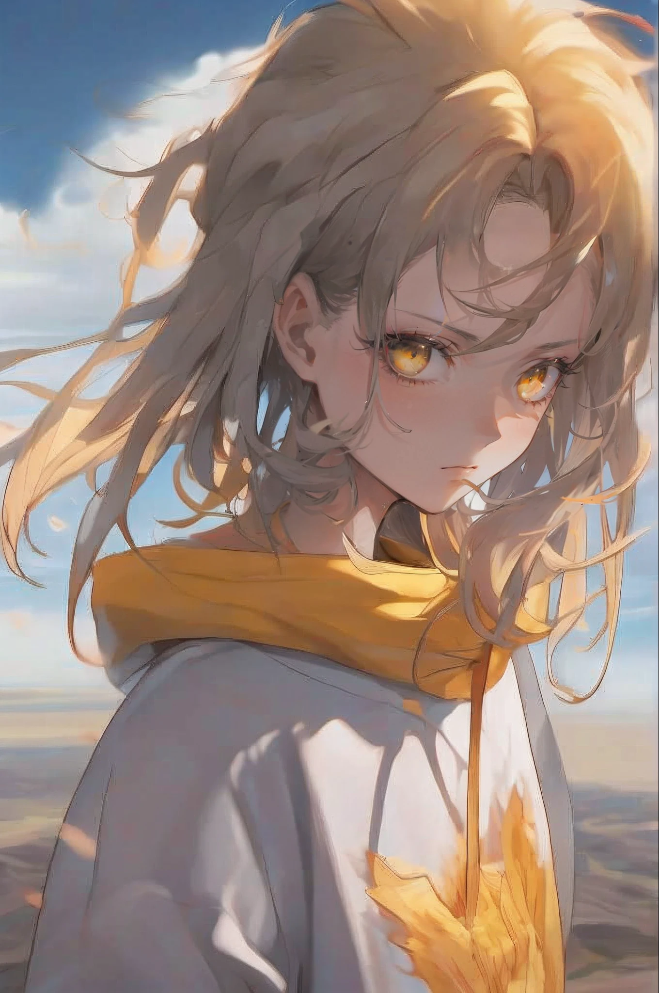 tmasterpiece，top-quality，Doomsday wasteland，Burning clouds，Beautiful，Top composition，Teenage girl in a sweatshirt，Look sideways ahead，It's bleak，Hair flutters in the wind，Vast，distant horizon，Yellow eyes White-blond hair，European and American style，Top light and shadow，dingdall effect
