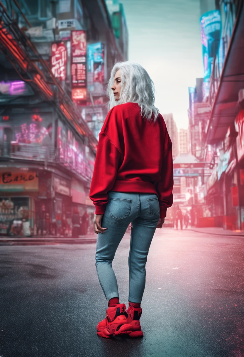 Beautiful woman cyberpunk style white hair wearing red sweatshirt and walking the streets with girlfriends