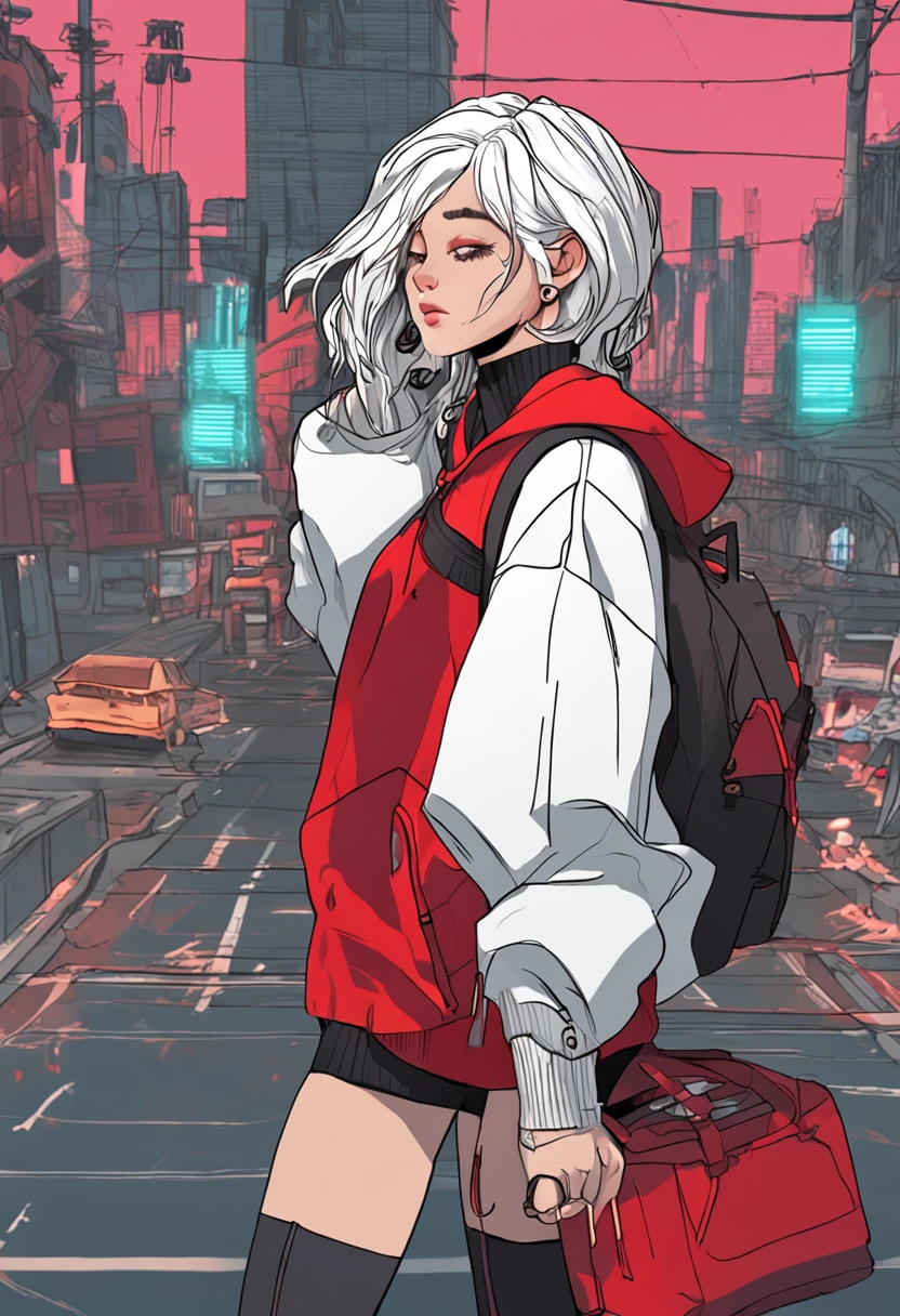 Beautiful woman cyberpunk style white hair wearing red sweatshirt and walking the streets with girlfriends