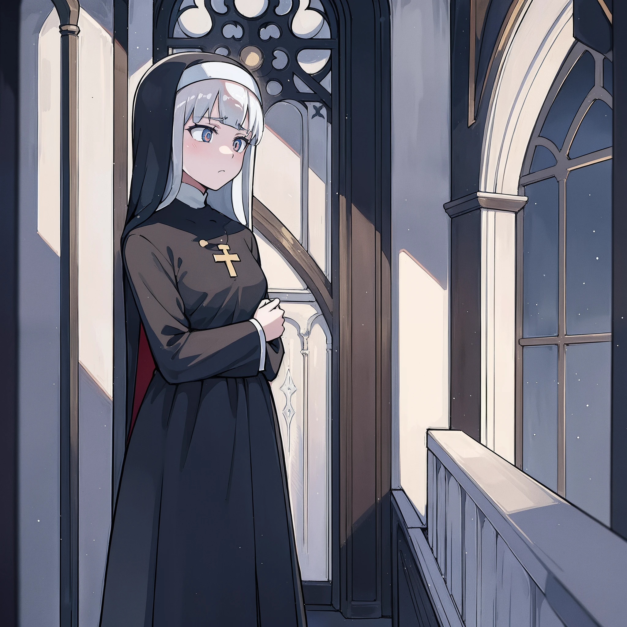 (One teenage nun girl) The Dark Mantle. A nun in a cassock. with a golden cross on the chest. Icy Eyes. snow-white hair, pale skin. gloomy indifferent face. anime face. Against the backdrop of a gloomy church hall in the dark.