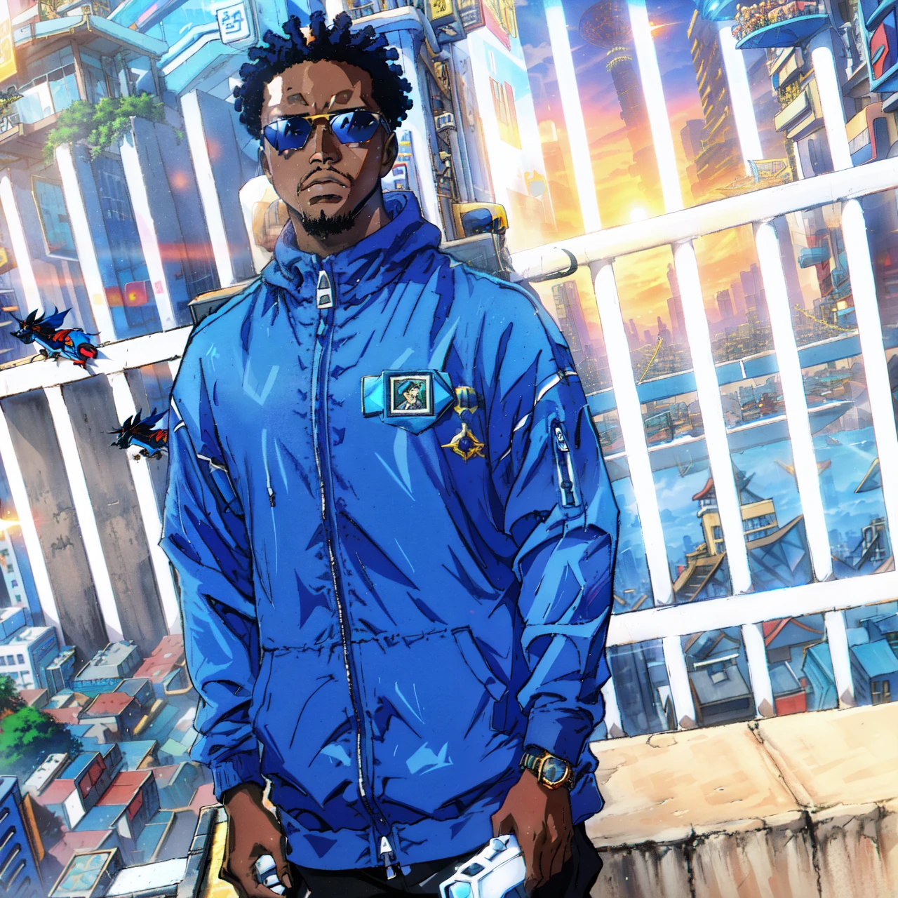 African man in blue hoodie jacket, wearing sunglasses, standing in a futuristic city, album photo, discovered photo, taken in the early 2020s, george pemba, mongezi ncaphayi, profile photo, barry qindsor-smith, he is about 2 5 years old, a photo of a man, he is about 3 0 years old, Cyberpunk Aesthetics, 80s style anime.