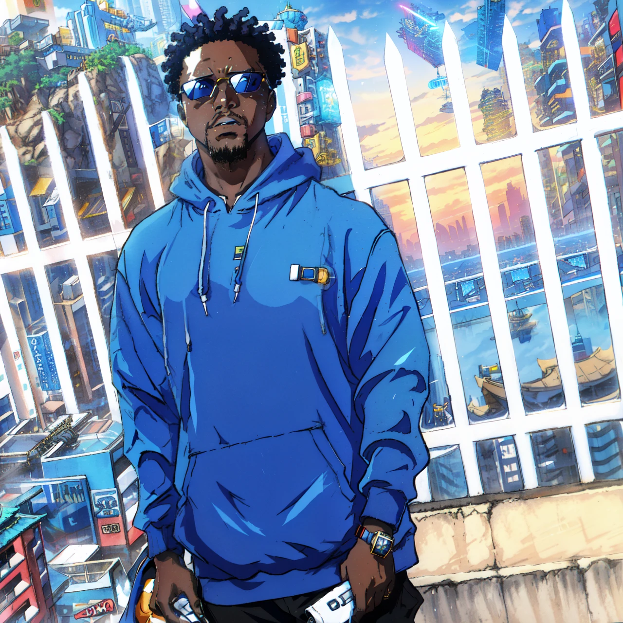 African man in blue hoodie jacket, wearing sunglasses, standing in a futuristic city, album photo, discovered photo, taken in the early 2020s, george pemba, mongezi ncaphayi, profile photo, barry qindsor-smith, he is about 2 5 years old, a photo of a man, he is about 3 0 years old, Cyberpunk Aesthetics, 80s style anime.