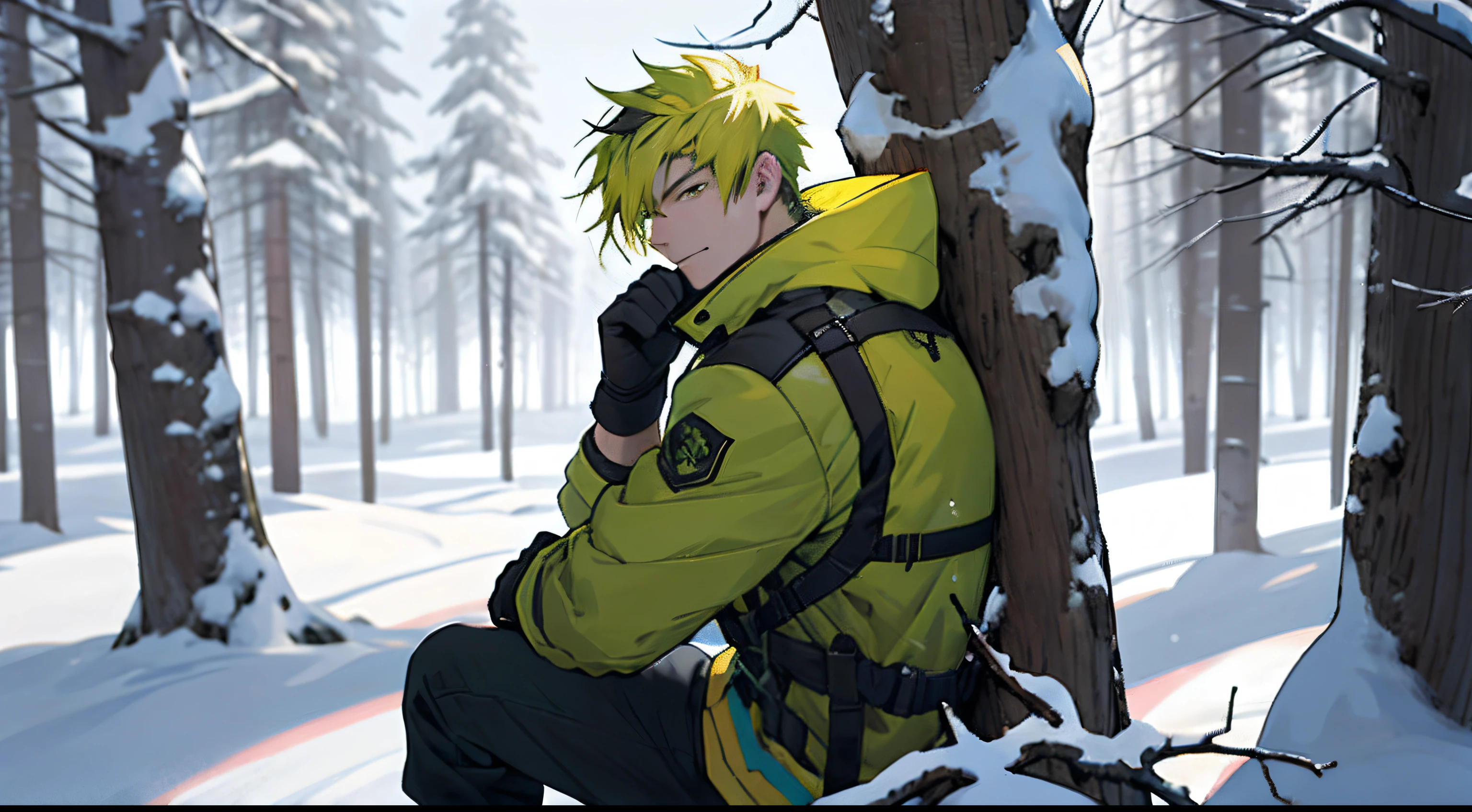 A young, Pumped-up guy with green and yellow hair, high-quality face, Looks at the photo, sits with his back to a snow-covered tree.