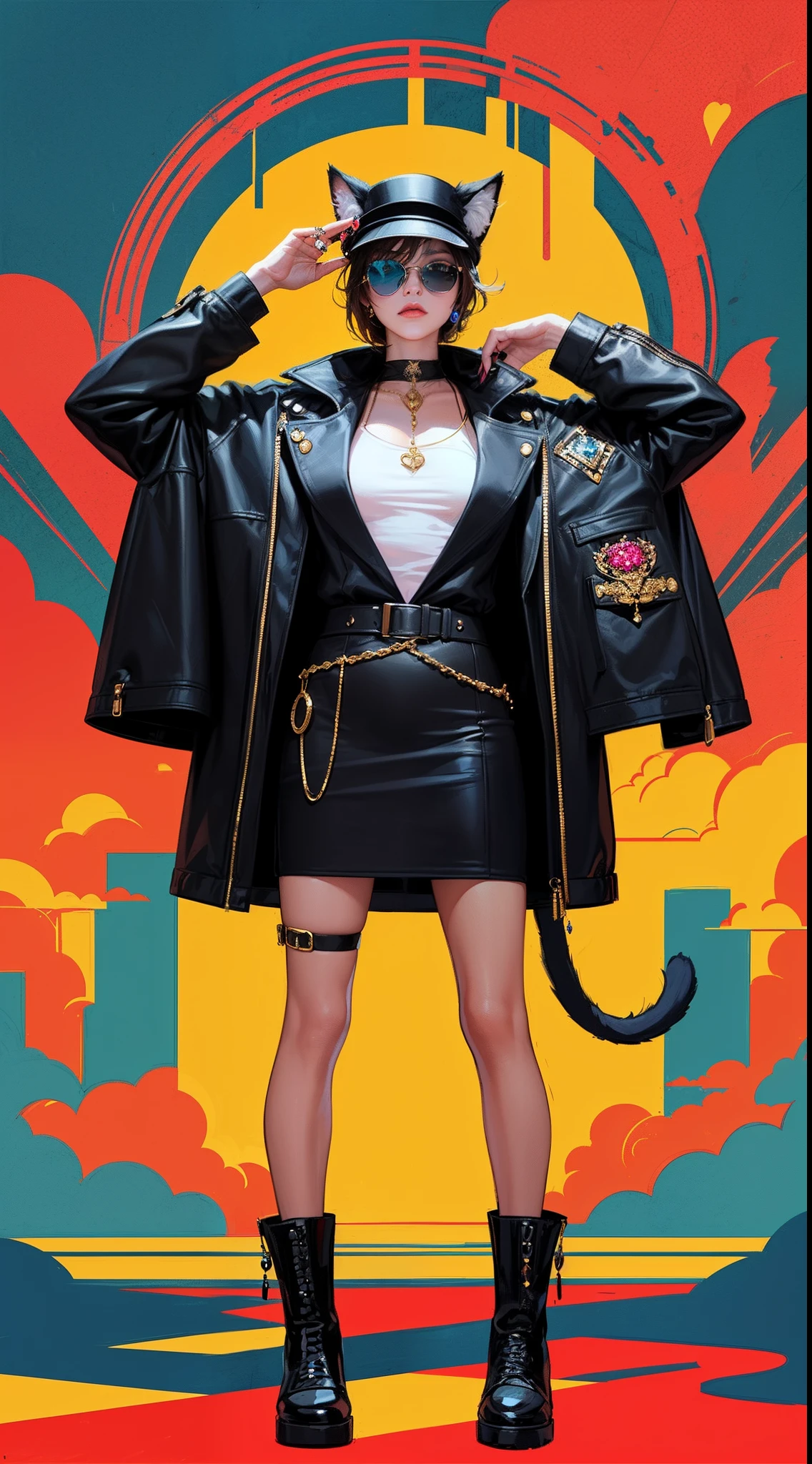 funkypop,wide shot,(anthropomorphism art,future fashion style:1.25),male furry cat wearing pop art fashion with Abbasid Caliphate color design,Furry claws and body,cat ears,cat tail,above knee portriat,Sunglasses,top hat,bloomcore cyberpunk Leisure sportswear coat,funkypop style background,(commercial art,cyberdelic,decopunk,digital art,Beautiful and exquisite jewelry and headwear,diamonds,gold,gemstones:1.25),