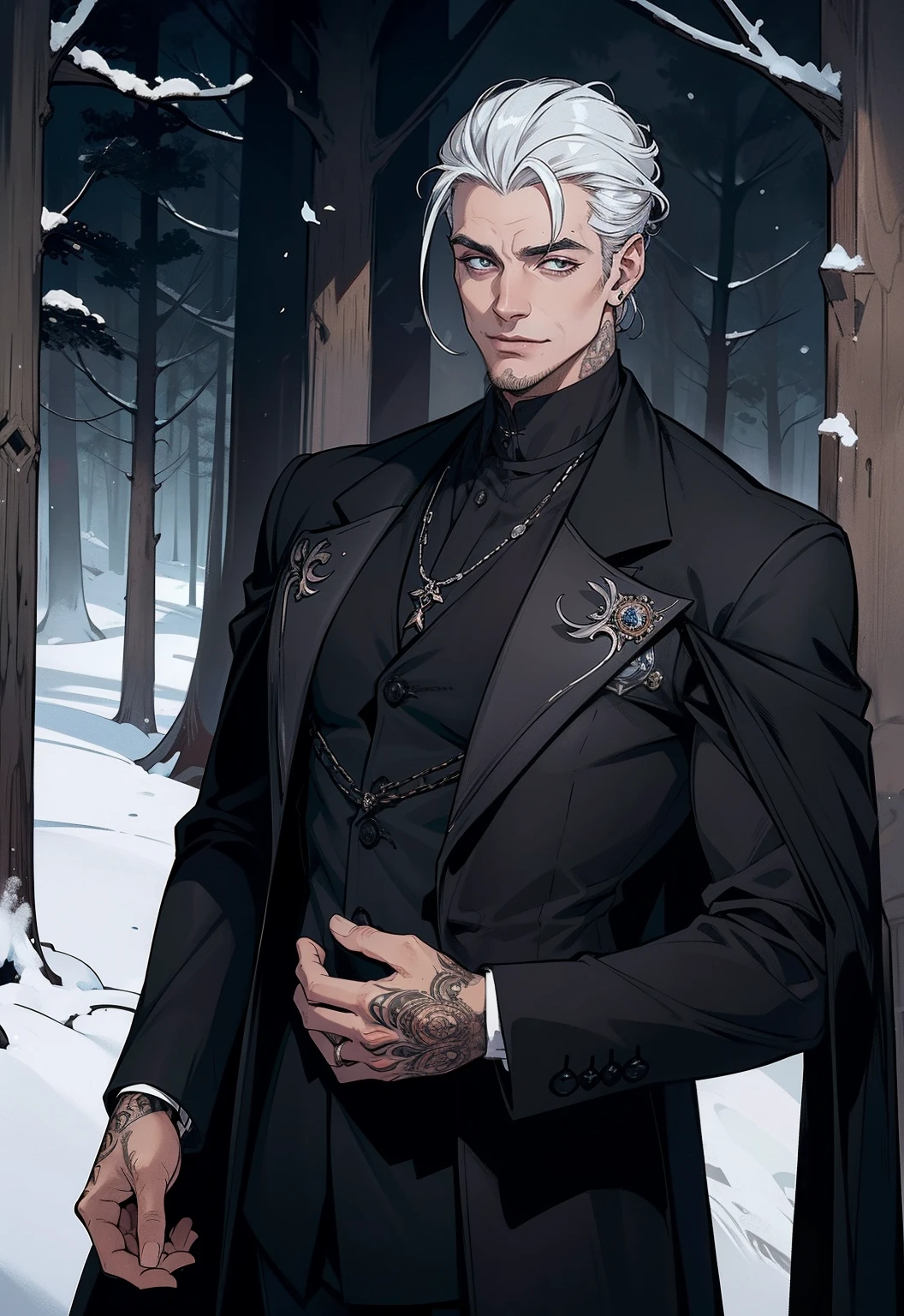 Homem lindo e misterioso, vampiro elegante com um cabelo branco.olhar penetrante, olhos vermelhos penetrantes. Its body carved in detail is highlighted by the black overcoat. what he wears while standing in the mysterious black forest.com um sorriso macabro no rosto.