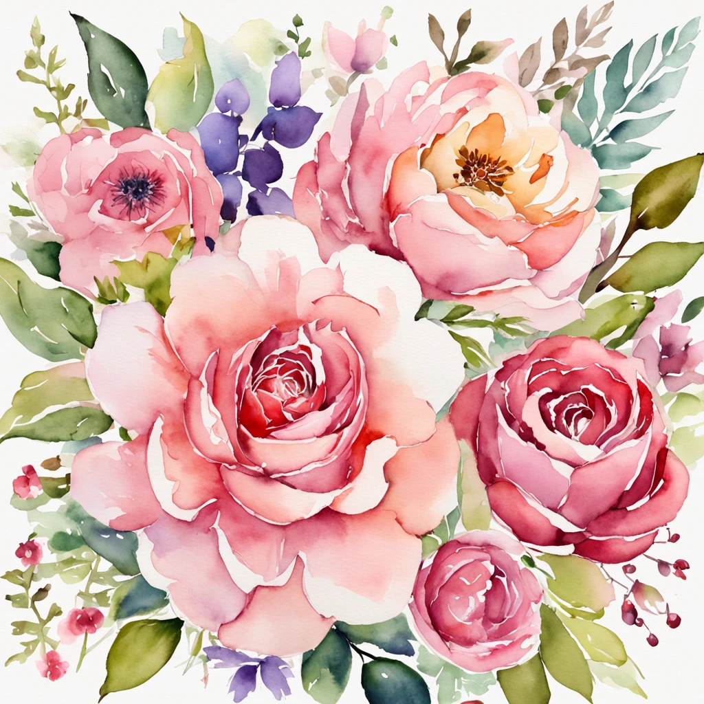 wreath, Floral frame, Delicate watercolor flowers in pink and vibrant rose tones, Engaging illustrations.