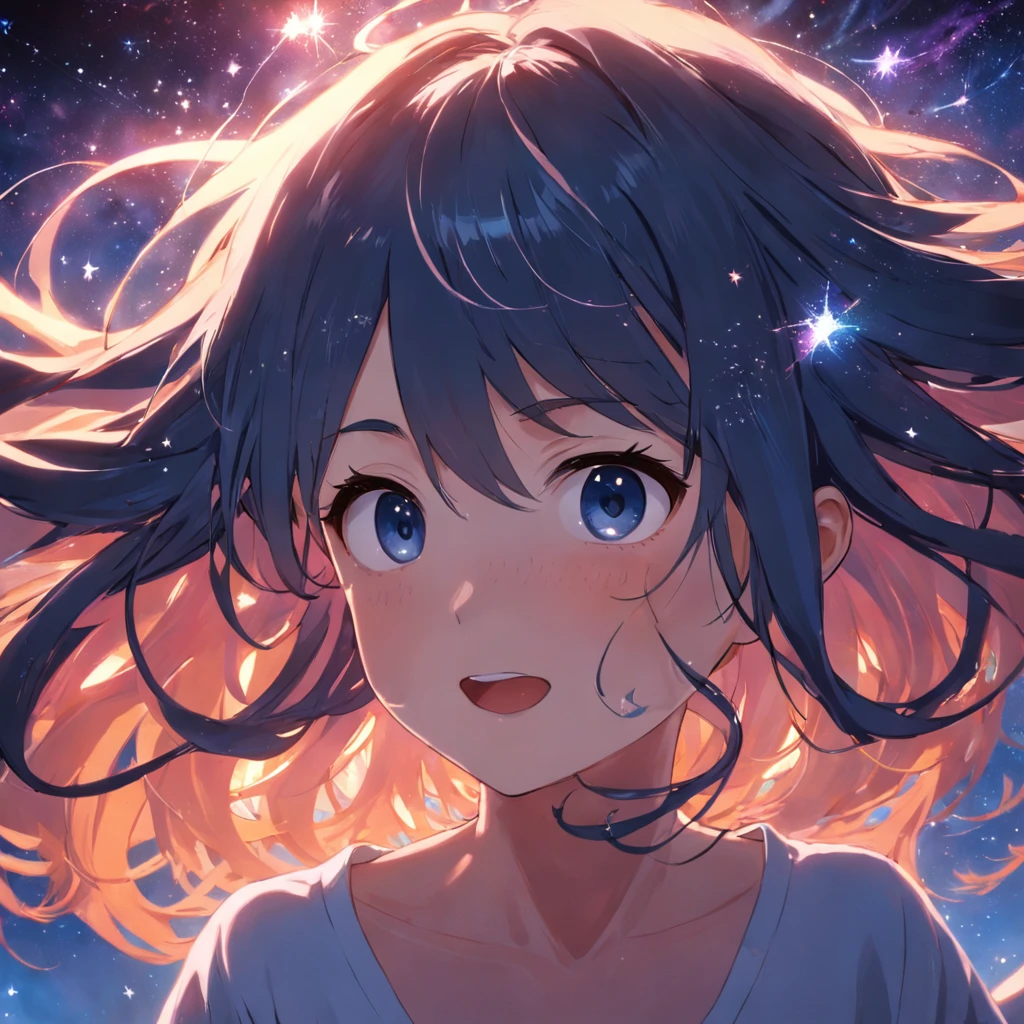 obra-prima, melhor qualidade, filme ainda, 1girl, garota de cabelos azuis,floating in the space,estrelas brilhantes, close-up, brilhante, feliz, Soft lighting and Warm, sun sunset, (Sparks: 0,7)