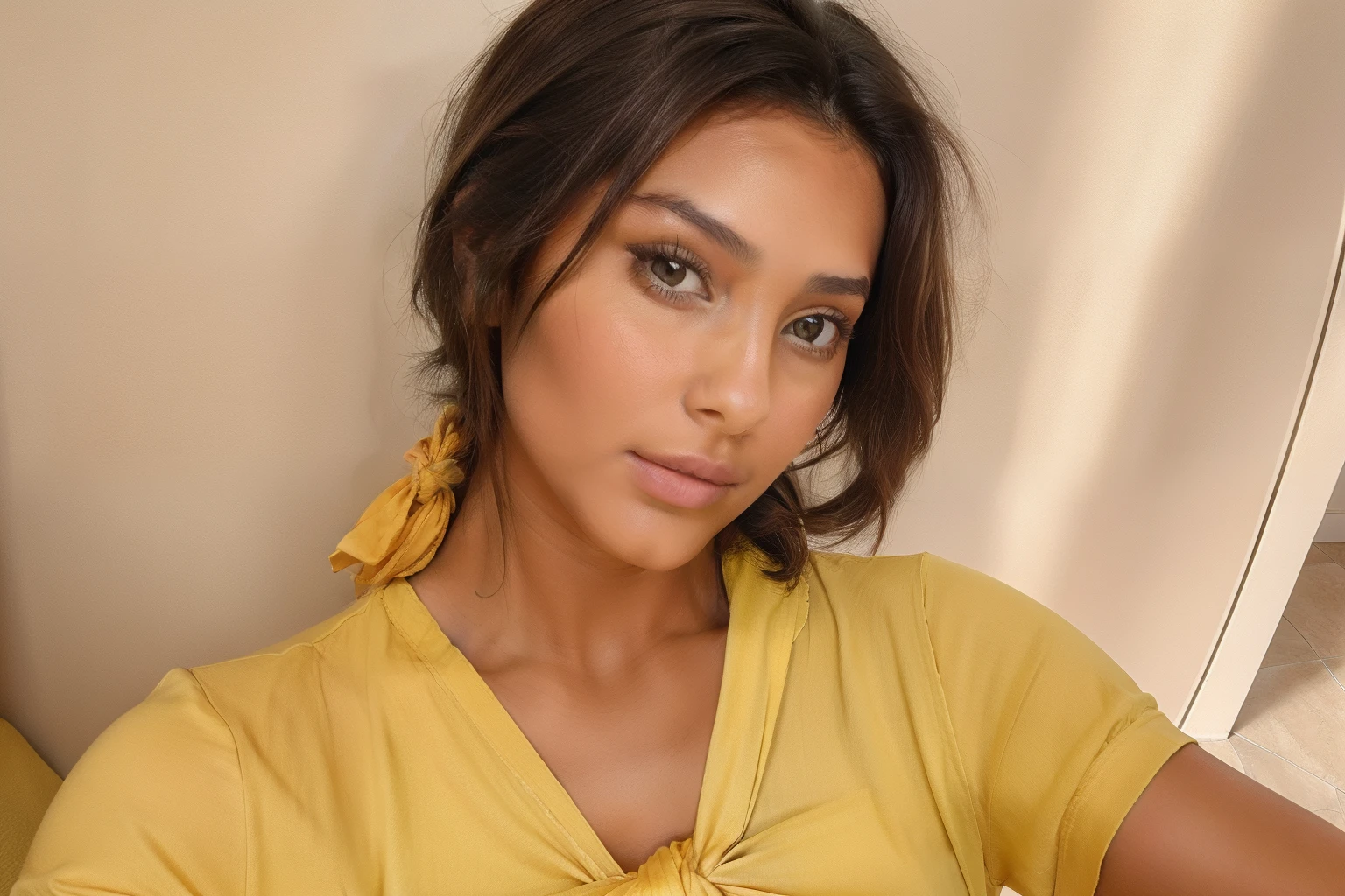 Jeune femme brune, selfie snapchat story instagram, proche visage, yellow knotted shirt, tanned skin