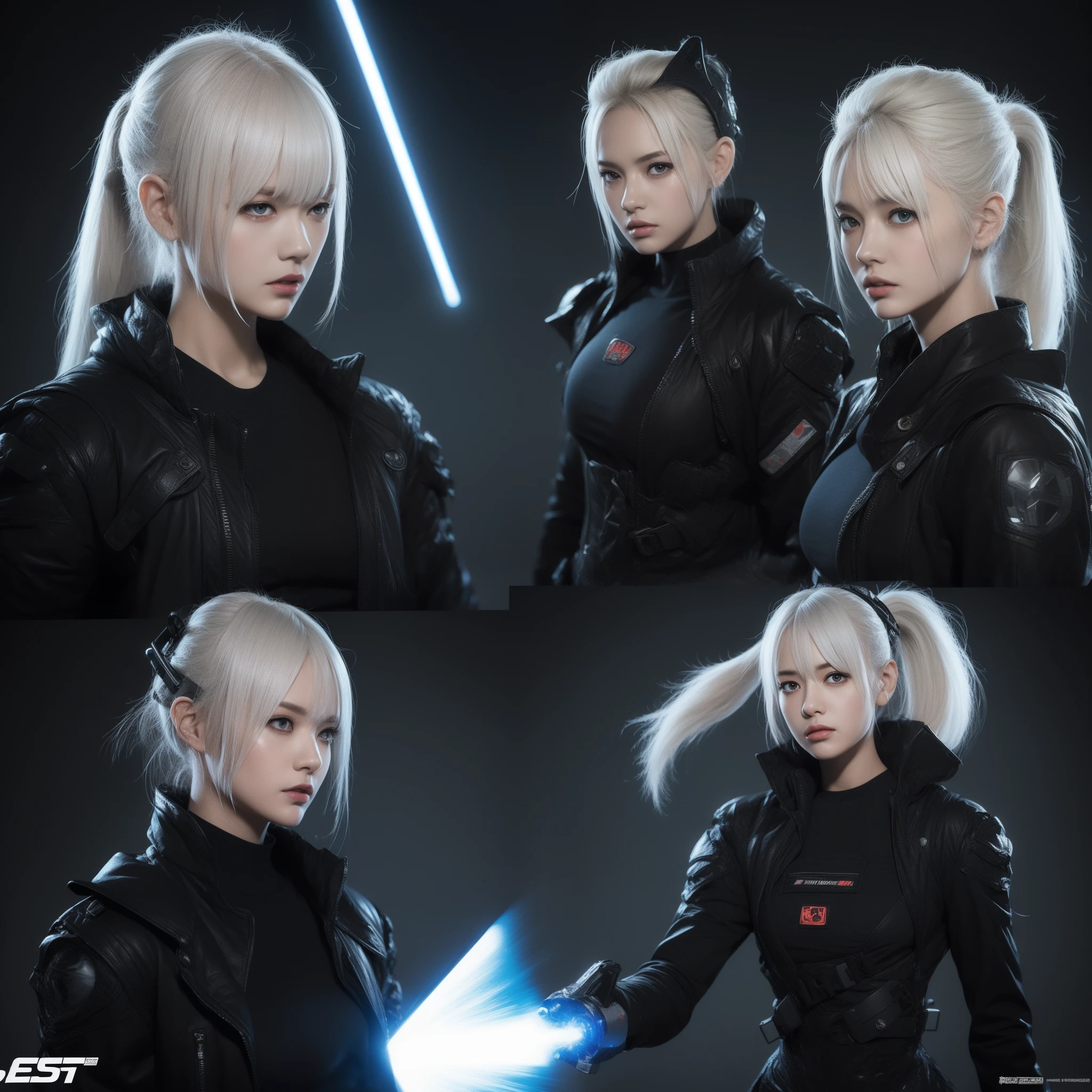 battle garment，afofuturism，cyber punk perssonage，Black Themes，Masterpiece,Best quality,offcial art,Extremely detailed Cg Unity 8K wallpaper,1girll, joy, Anger and sadness on various expressions，Single ponytail hairstyle，Glowing fist，Mechanical headphones，（（（Yellow combat uniform））），a black cloak，Hand-held laser metal weapons，White hair，character  design，juesesheji，real photograph，tmasterpiece，best qualityer，HighestQuali，Split shots，