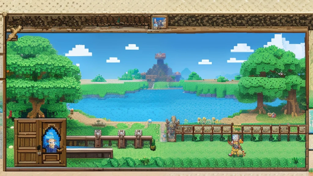 鸟山明风格,Flat pixel games《dragon quest》,Game scene design,(a paradise:1.4),16-bit pixels