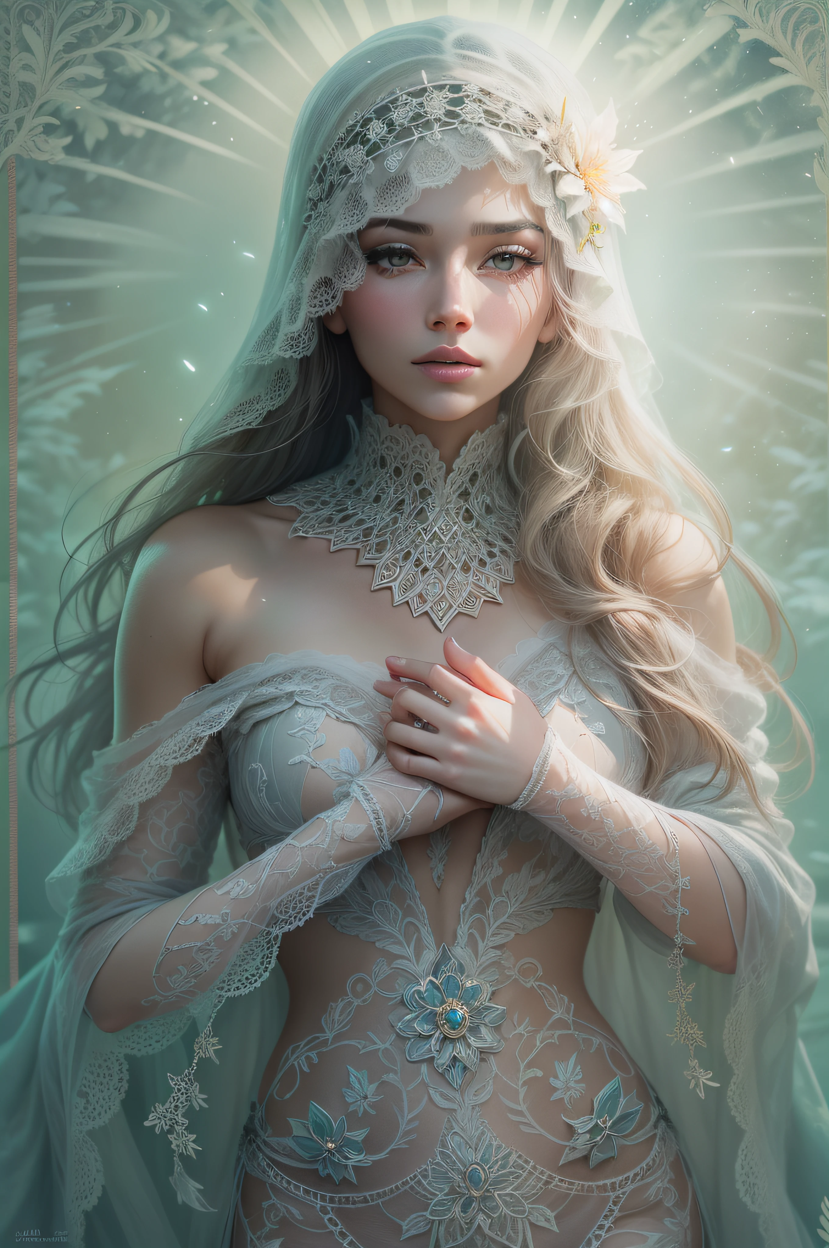 woman of Paradise, standing in a sunbeam of light, her body adorned with intricate hoarfrost metal lace