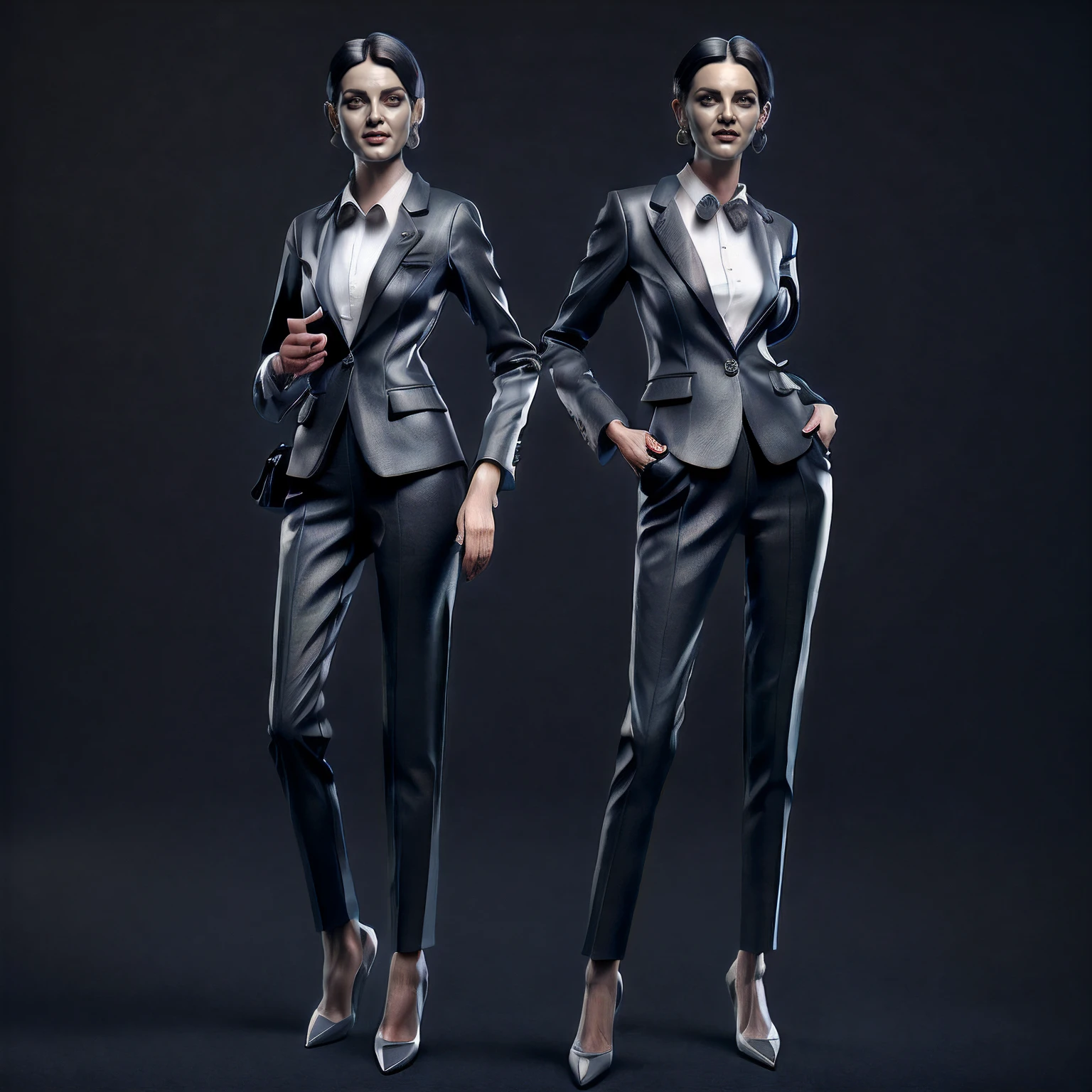 Altruistic Banker woman, full body view, she is Influencer, wearing a black suit and white google, rendering artwork, dynamic postures, holding money, quality rendering 8k resolution, highly detailed, transparent background,