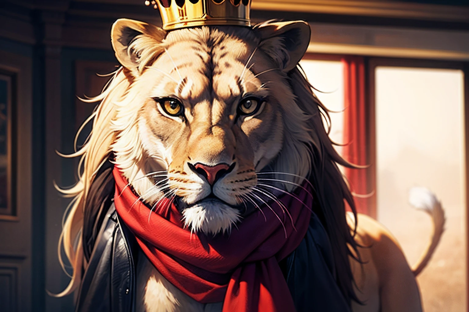 national geographic wildlife a lion, cool glasses, red scarf, leather coat, crown, cinematic angle and lighting, best quality,