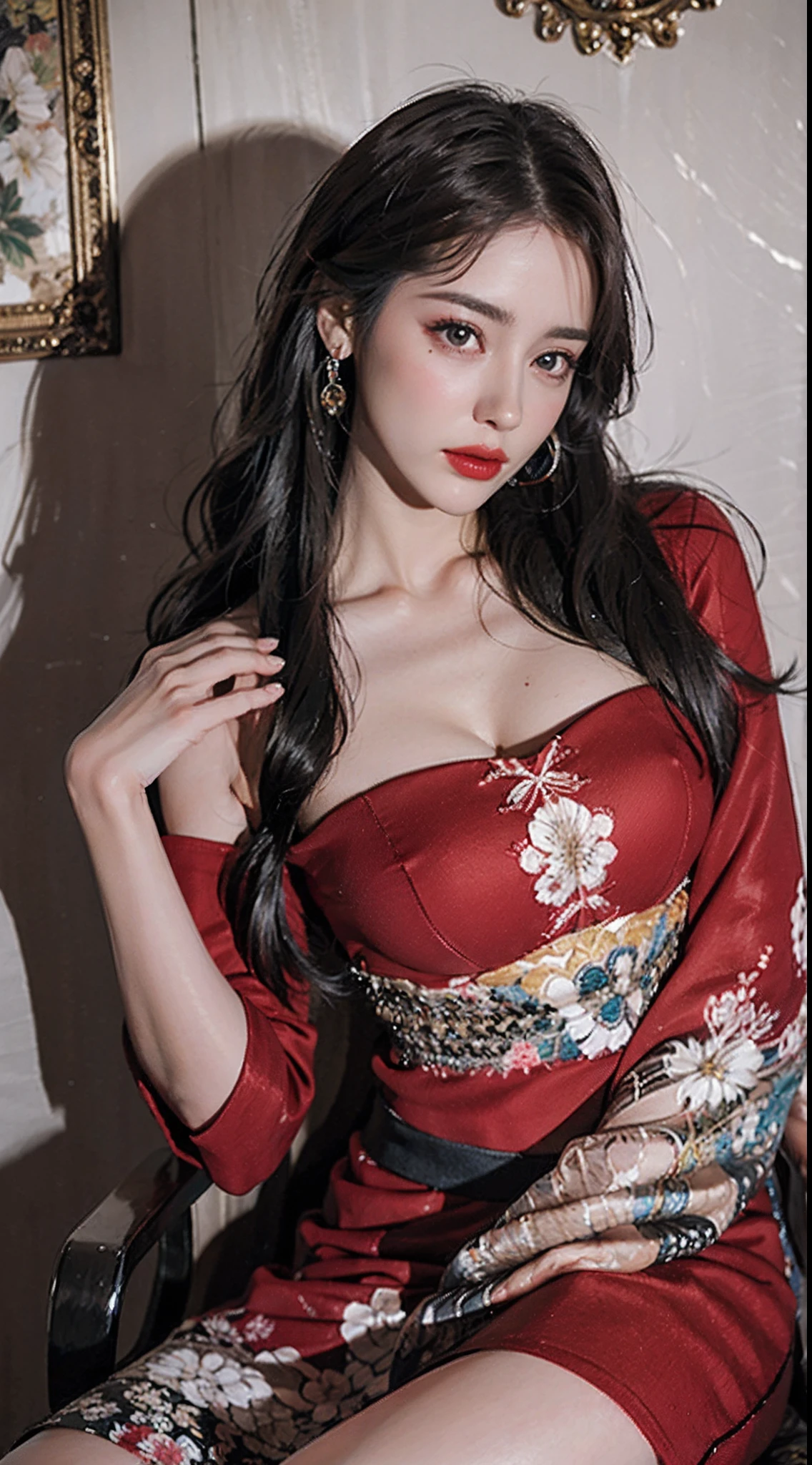 shukezouma, rendering by octane, hdr, (ultra - detailed:1.25), (Soft light, Sharp:1.2), 1girll, Beautiful girl, dark brown hair, hyper detail eyes, mature, Painting drops, paint teardrops, woman made up from paint, entirely paint, long whitr hair, Kimono made of paint, Ultra-fine texture kimono, Paint kimono, paint bulb, inside bedroom, Exposed shoulders, Tears, Sexy, shoulders are visible, Thighs exposed, focus onface, Beautiful face, eye shadows, Dark circle contour, russian face, Russian girl, mascara, Beautiful, 18yr old,sit on chair,legs separated