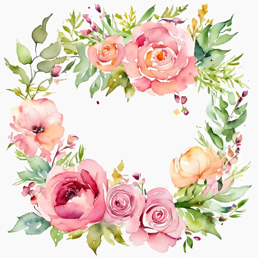 wreath, Floral frame, Delicate watercolor flowers in pink and vibrant rose tones, Engaging illustrations.