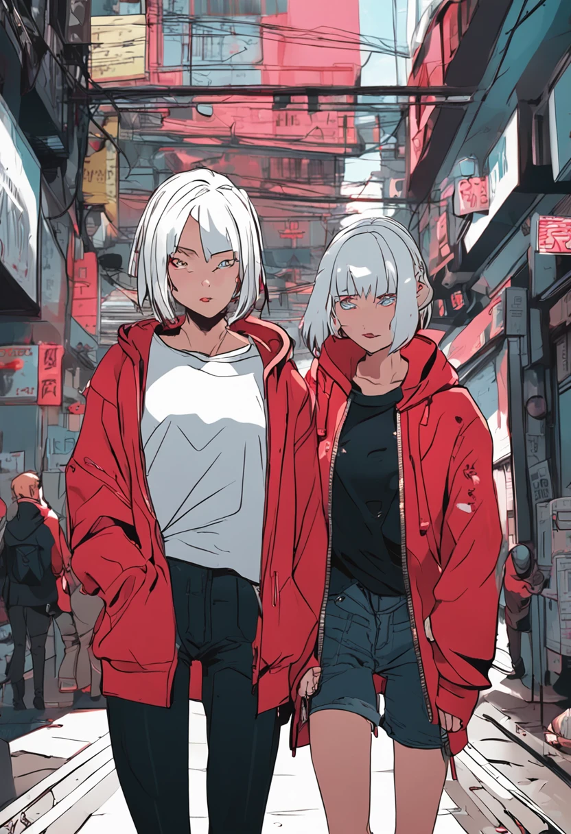 Cyberpunk style anime two beauties with short white hair wearing red sweatshirts and walking the streets with girlfriends
