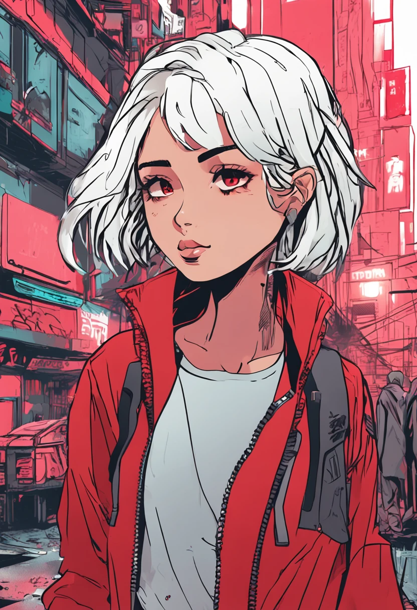 Cyberpunk style anime two beauties with short white hair wearing red sweatshirts and walking the streets with girlfriends
