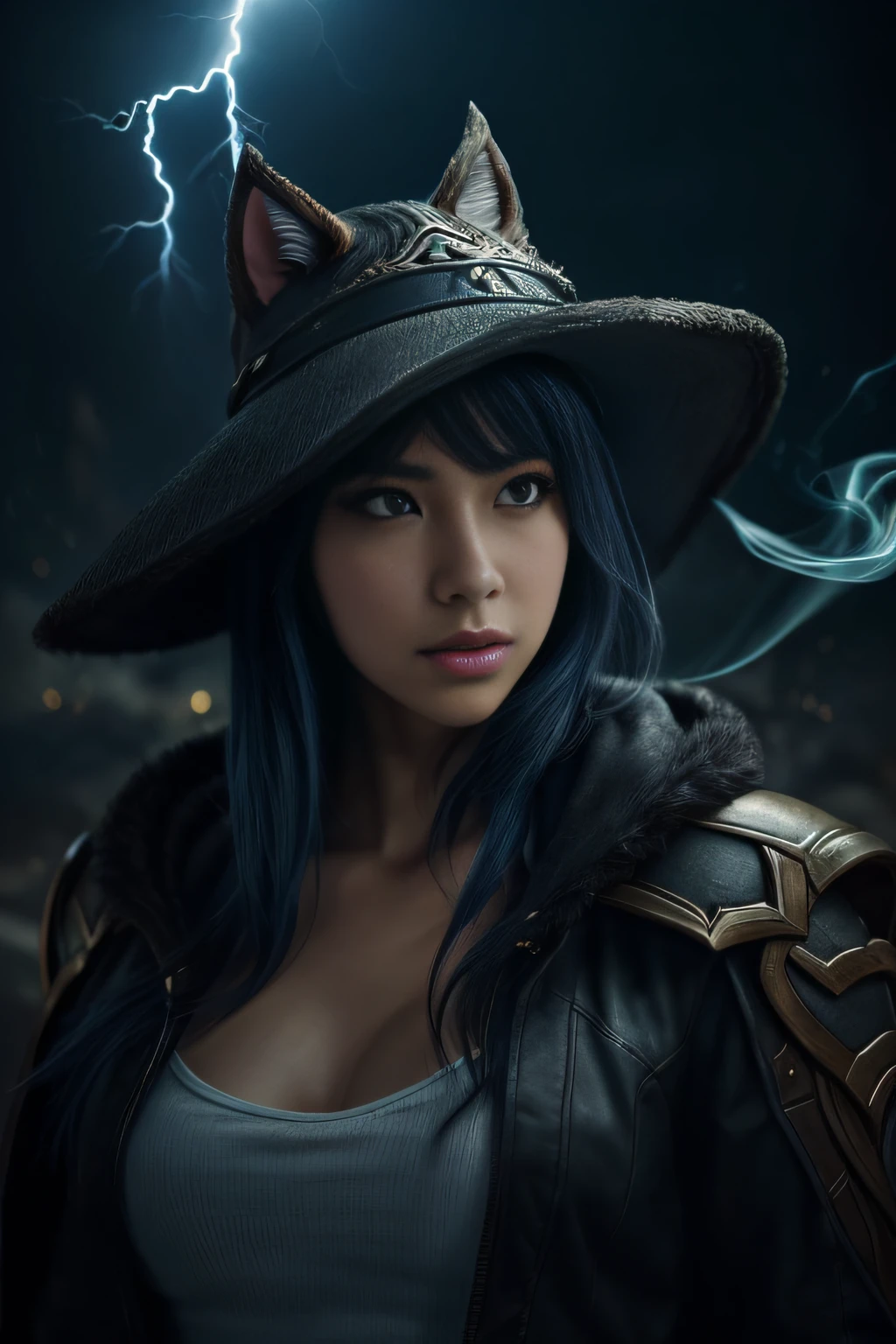 A palavra "lux" escrita em primeiro plano, ((Ahri de League of Legends, Ultra realista)), (((corpo inteiro))), ((perfect hands)), Usando a Arma Samurai, fundo antigo, elegante, gray and black smoke, atordoante, hyper realistic, octan render, surrounded by the effect of smoke and lightning,  Estilo League of Legends, fundo antigo, elegante, deslumbrante, (papel de parede), arte conceitual, detalhes intrincados, altamente detalhado, ((cinemactic)), Dramatic, (mais alta qualidade, Concedido, obra-prima:1.5), (fotorrealista:1.5), fotografia, Realistic photo, Nikon, Luz Natural, 4k, highes definition, XF IQ4, 150MP, 50 millimeters, ISO 1000 Certification, 1/Anos 250, Luz Natural, Adobe Lightroom, photolab, Photographic Affinity, PhotoDirector 365,