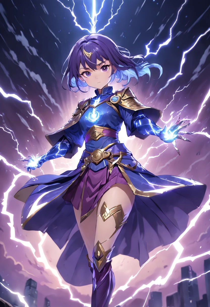 Anna's attire reflects her fearless and fierce warrior spirit. She wears a unique robe made from a special fabric that shimmers with bursts of lightning-like patterns. The robe comes in shades of deep purple and electric blue, representing her mastery of lightning and electricity.
Around her wrists and ankles, she wears sleek metal bracers that enhance her control over lightning, channeling her power more effectively