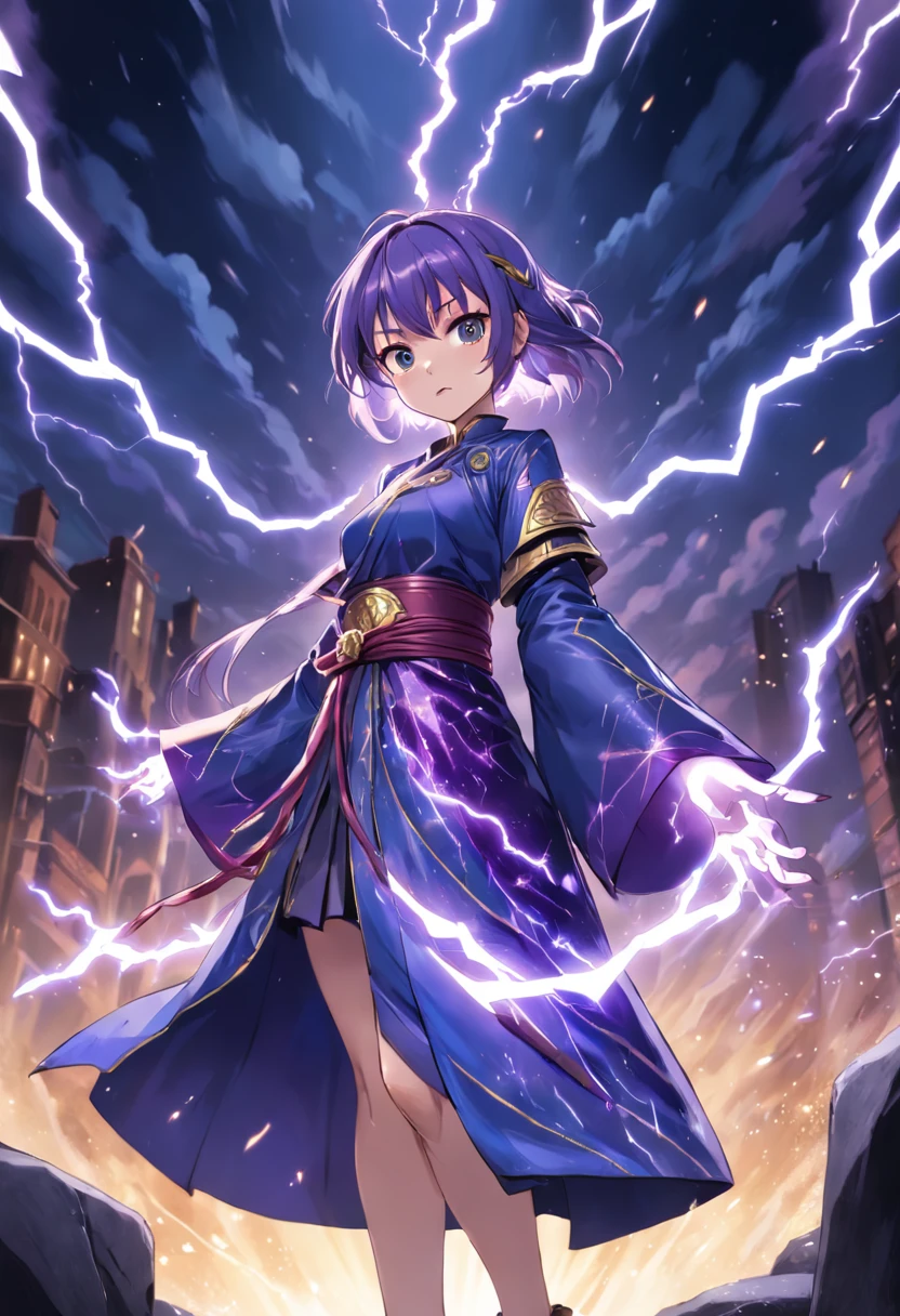 Anna's attire reflects her fearless and fierce warrior spirit. She wears a unique robe made from a special fabric that shimmers with bursts of lightning-like patterns. The robe comes in shades of deep purple and electric blue, representing her mastery of lightning and electricity.
Around her wrists and ankles, she wears sleek metal bracers that enhance her control over lightning, channeling her power more effectively