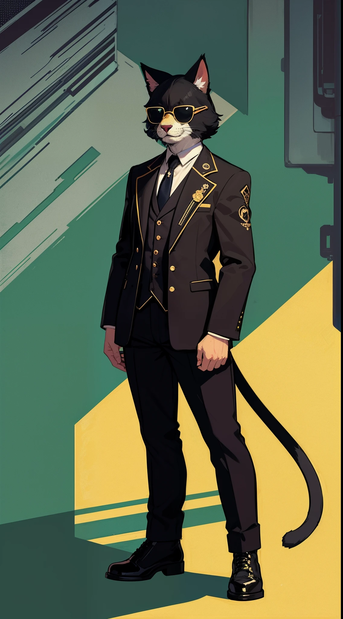 funkypop,wide shot,(anthropomorphism art,future fashion style:1.25),male furry cat wearing pop art fashion with Abbasid Caliphate color design,cat ears,cat tail,above knee portriat,Sunglasses,top hat,bloomcore cyberpunk suit,biophilic design plant background,commercial art,cyberdelic,decopunk,digital art,