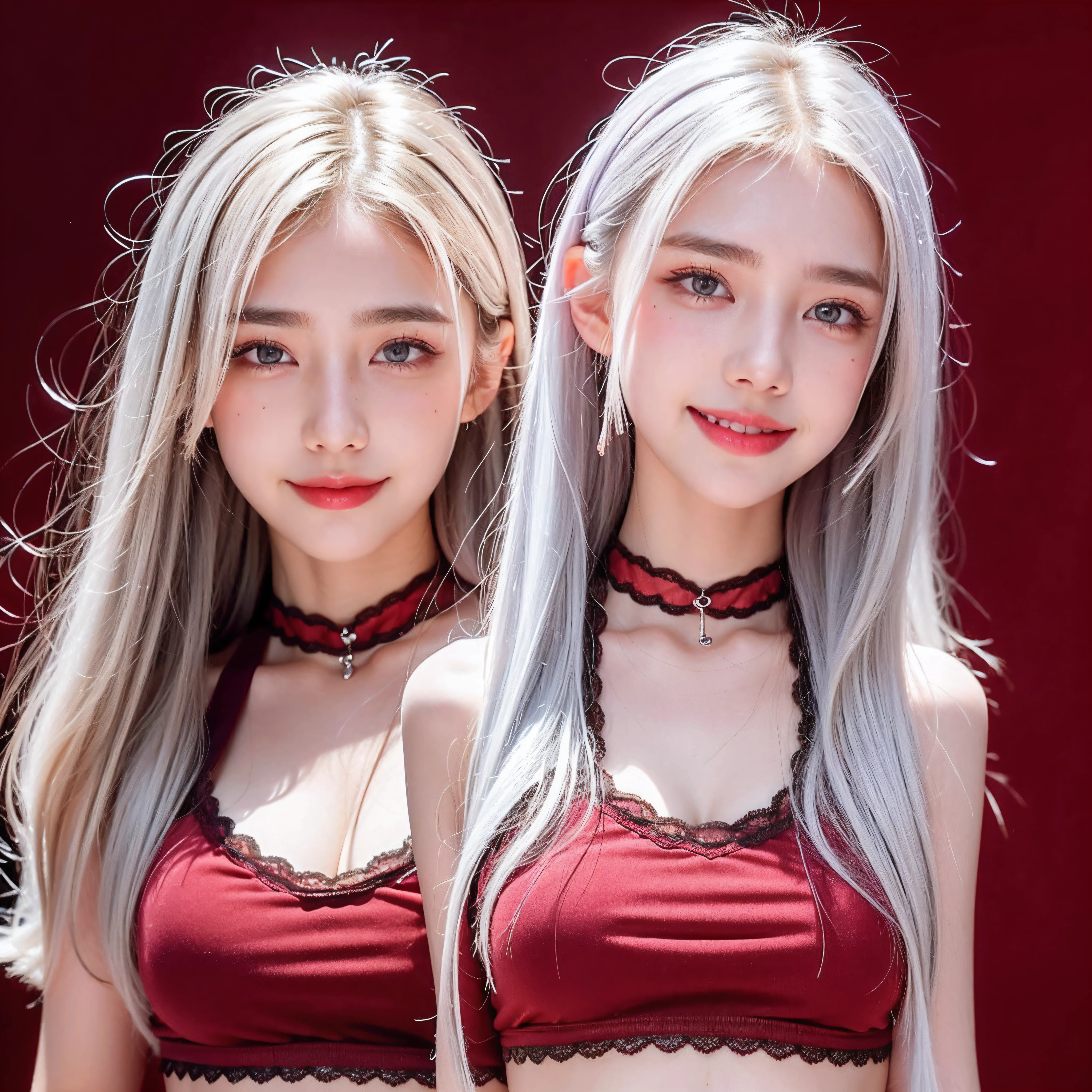 1girll, Heart-shaped pupils, finger nails, White hair, Purple eyes, (Blush:1.1), choker necklace, Upper body, Trembling, Sweat, drops of sweat, Heart, (Medium breasts:0.6), Love, Heart, Crop top, cheerfulness, Smile, Lace, Bokeh, (freckle:0.8), Natural skin texture, Portrait, (Red_Background:1.3),