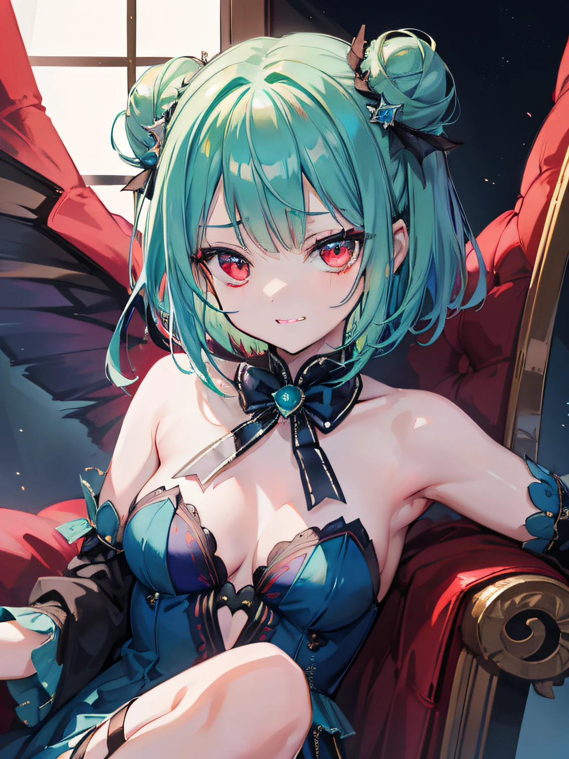{Moist feather(hololive)}, 1girl, {short hair}, double bun, {emeraldgreen hair}, {Red eyes}、masterpiece、top-quality、grinning evily、{demon king}、{full bodyesbian}、a throne、ambition、The Darkness、Dark blue dress、demon realm、Blue winged butterfly、