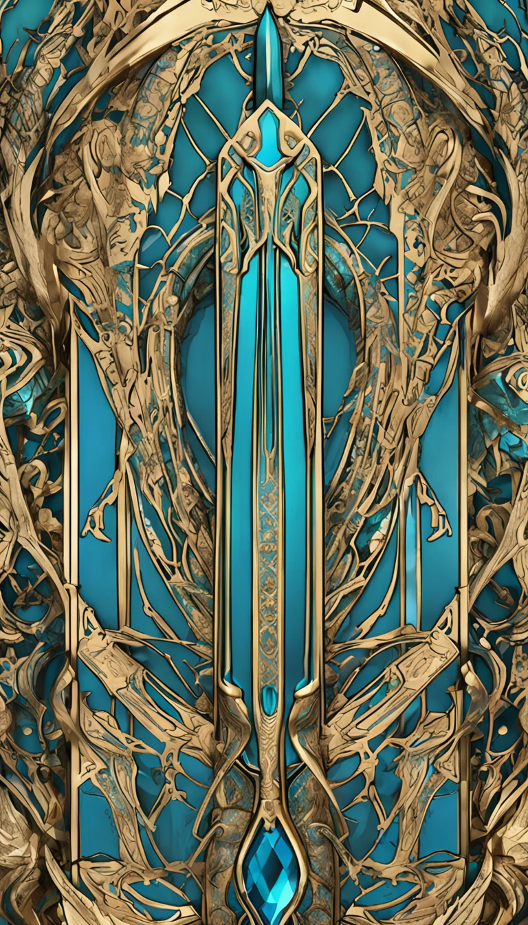 Excalibur, Manga delicada, The body of the sword is exquisite，bem decorado,（((The body of the sword is designed with a blue opal and a pattern in the form of light green particle effect..：1.3))), se, (The body of the sword is symmetrically decorated:1.3), (The entire Excalibur blade is centered:1.3), Mid-range close-up,（Silhueta geral:1.3),（Fantastic landscape painting:1.2), foto ultra realista, super-fino, 8k, Premium wallpapers, A mais alta qualidade de imagem, ..。.。...3d,c4d, tmasterpiece, rendering by octane