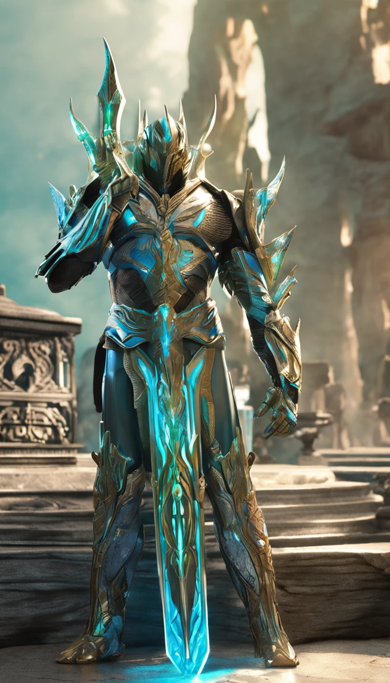 Excalibur, Manga delicada, The body of the sword is exquisite，bem decorado,（((The body of the sword is designed with a blue opal and a pattern in the form of light green particle effect..：1.3))), se, (The body of the sword is symmetrically decorated:1.3), (The entire Excalibur blade is centered:1.3), Mid-range close-up,（Silhueta geral:1.3),（Fantastic landscape painting:1.2), foto ultra realista, super-fino, 8k, Premium wallpapers, A mais alta qualidade de imagem, ..。.。...3d,c4d, tmasterpiece, rendering by octane