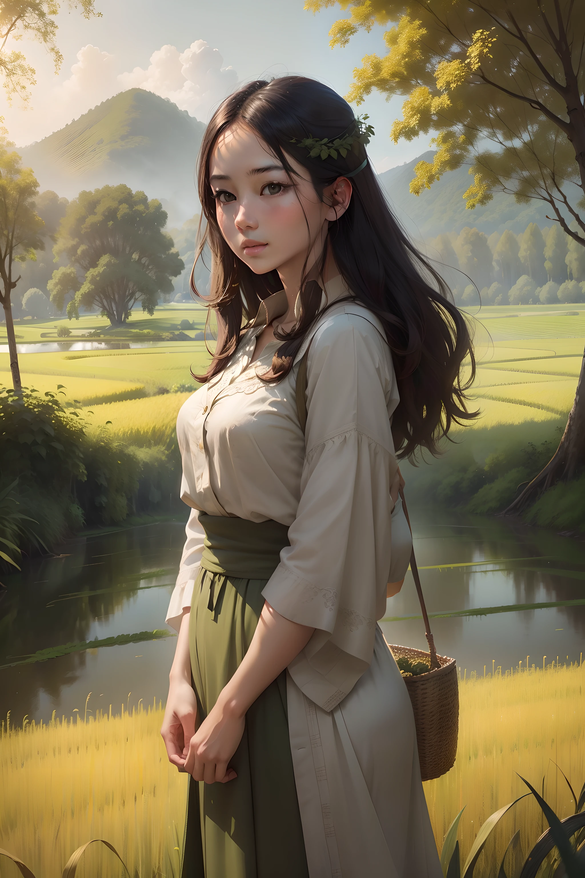 Beautiful girl, standing gracefully in a lush green rice field, in a serene countryside setting, surrounded by endless rows of swaying rice stalks, bathed in the soft, golden light of a tranquil afternoon, drawing inspiration from the pastoral works of John Constable, Landscape Painting with a touch of natural elegance, depicted through digital painting techniques, scene, harmonious shades of deep greens, sunlit yellows, and earthy browns, blending traditional landscape elements with digital finesse, conveying a sense of rural beauty and the serenity of nature