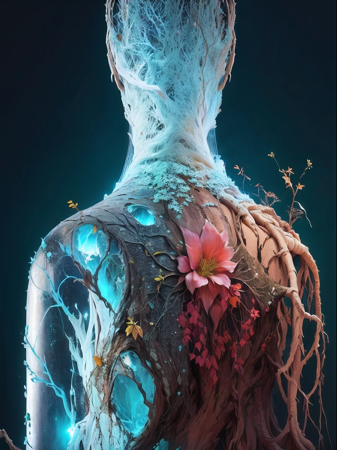 Combining surrealism, impressionism, and abstraction, create a painting of the human body with its nervous system visible, incorporating abstract shapes and forms to represent the intricate network of nerves and also use colors and loose brushstrokes of impressionism