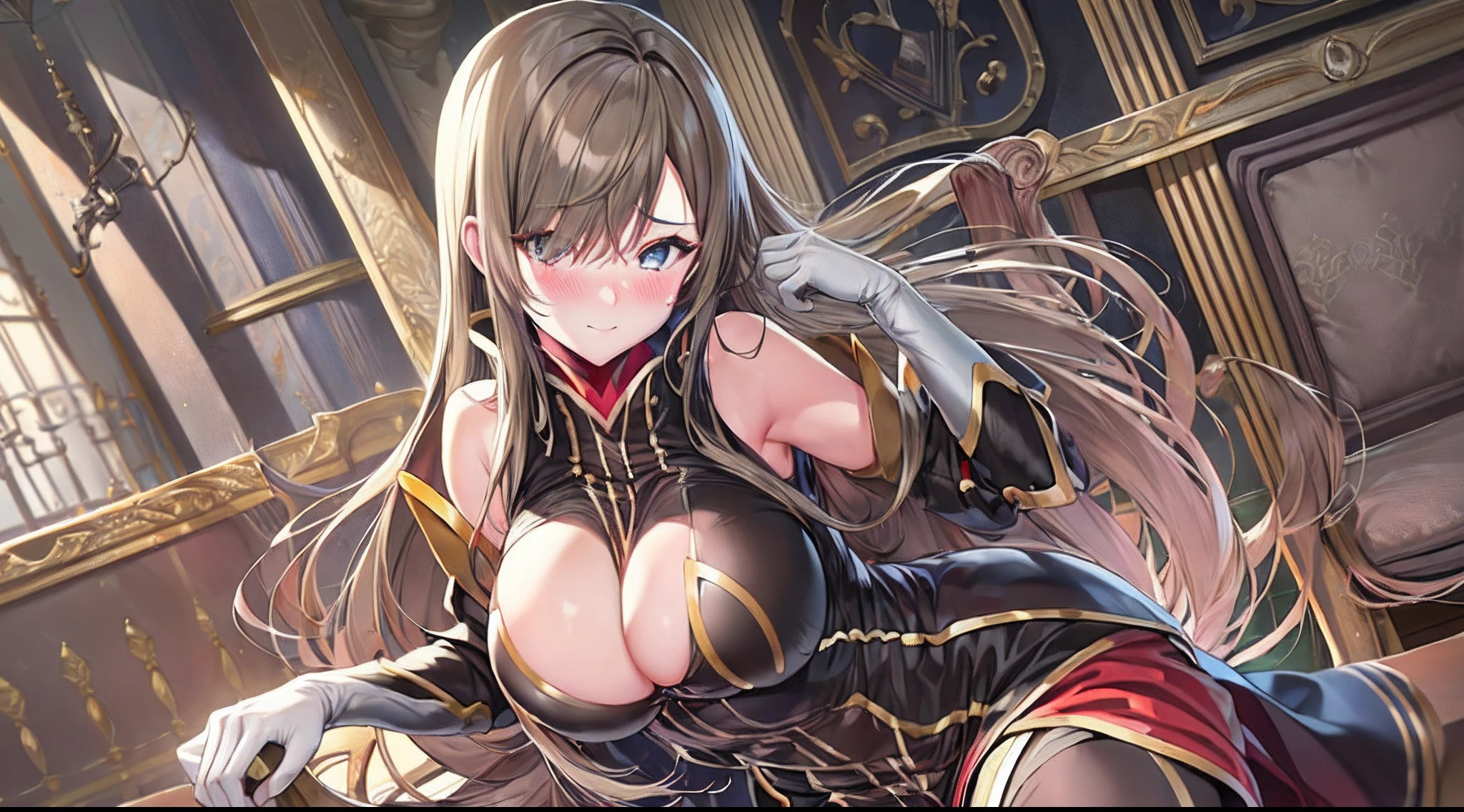 ((adult lady)),((lightsmile)),((anime moe art style)),((masterpiece)), (top-quality), (super detailing), (((extremely delicate and beautiful))), dynamic ungle,Look at viewers,((Cowboy Shot)))finerly detailed face, long eyeslashes,Bangs between the eyes,Curvaceous,(perfect leg、perfect hand、Perfect whole body),antique、a chair、 Tier Grants, Hair over one eye, brown robes, Bare shoulders, Detached sleeves, White Gloves、((large full breasts))、((((red blush)))),nffsw, grabbing on breasts,Breast Lift