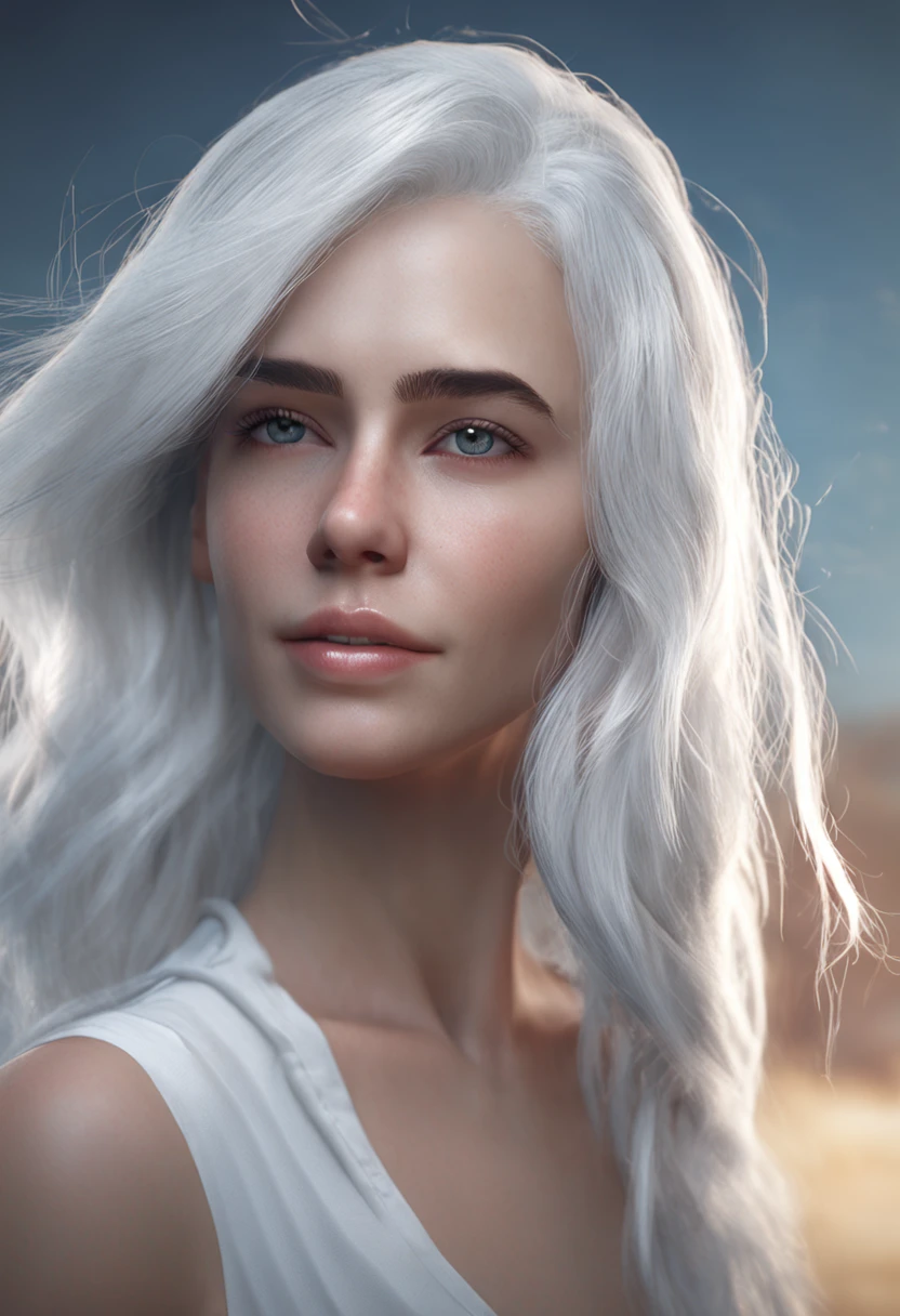 there is a woman with blue hair and a white shirt, girl silver hair, girl with white hair, perfect white haired girl, realistic digital art 4k, realistic digital art 4 k, flowing white hair, silver hair girl, soft portrait shot 8 k, 8 k realistic digital art, white haired, white hair color, cgsociety portrait, white haired lady