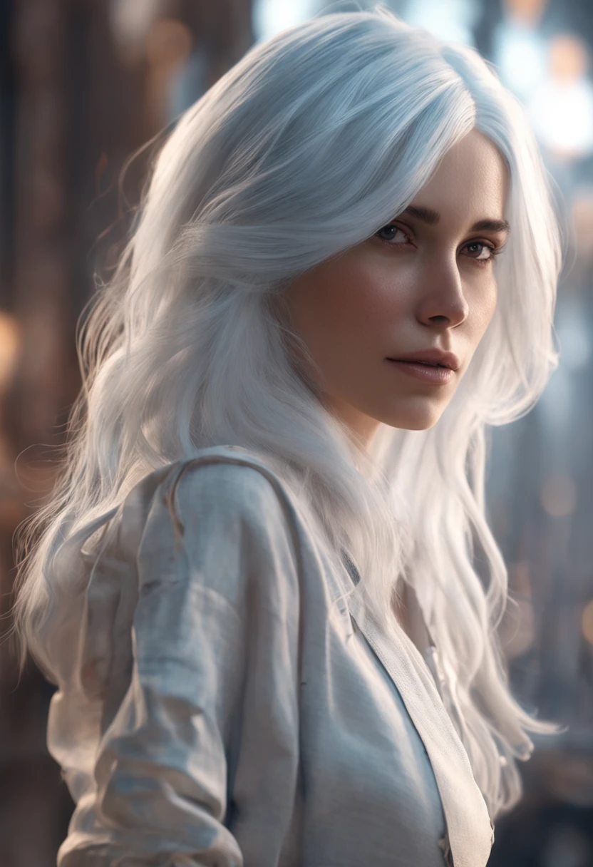 there is a woman with blue hair and a white shirt, girl silver hair, girl with white hair, perfect white haired girl, realistic digital art 4k, realistic digital art 4 k, flowing white hair, silver hair girl, soft portrait shot 8 k, 8 k realistic digital art, white haired, white hair color, cgsociety portrait, white haired lady