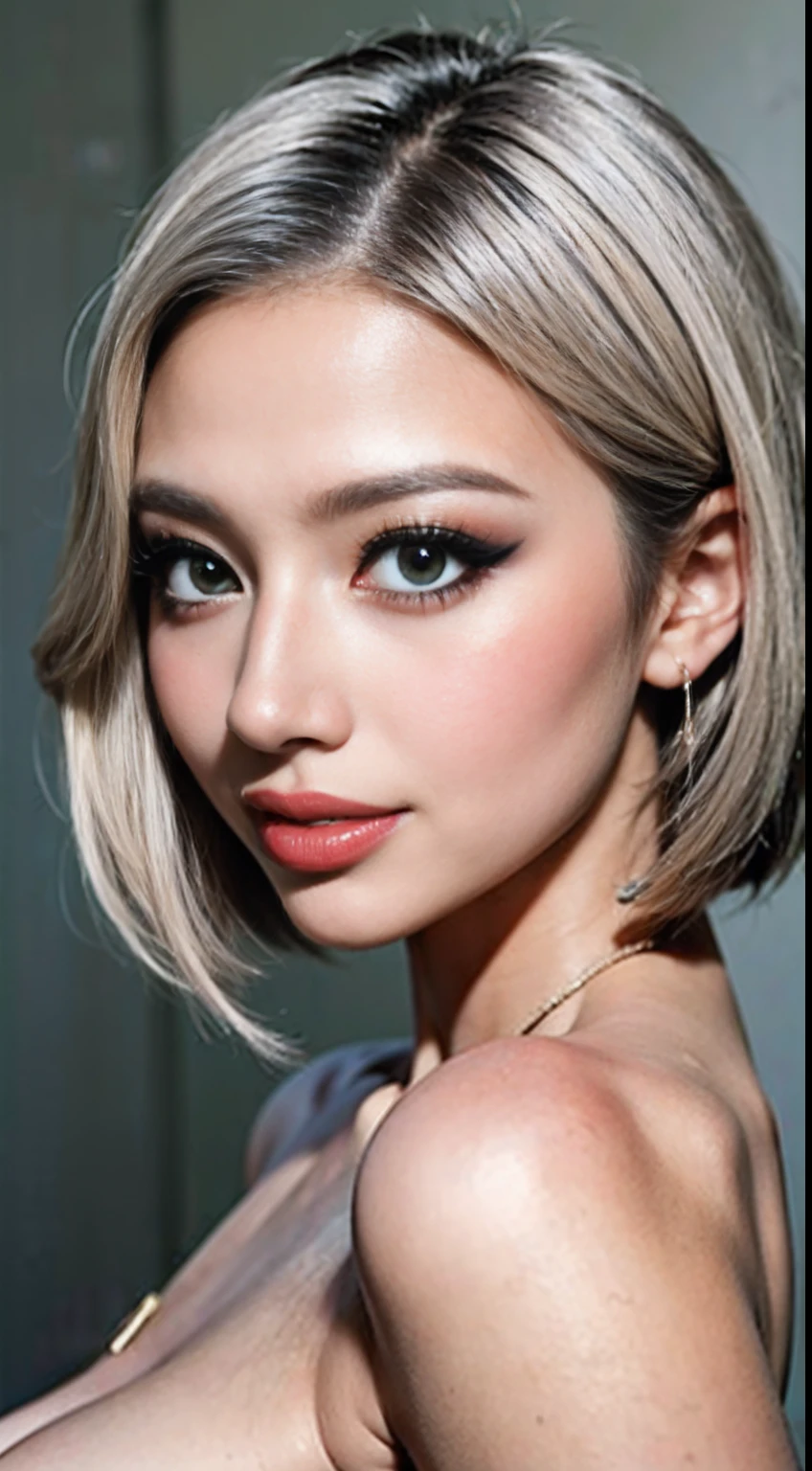 masterpiece, Best Quality, 1girl in, Japanese, cute, short white hair, white skin, very Dark makeup, Gal.safetensors:1.2, smile, drag makeup, face shot photo, a face close-up, gigantic breasts, naked, open mouth, drooping green eyes,