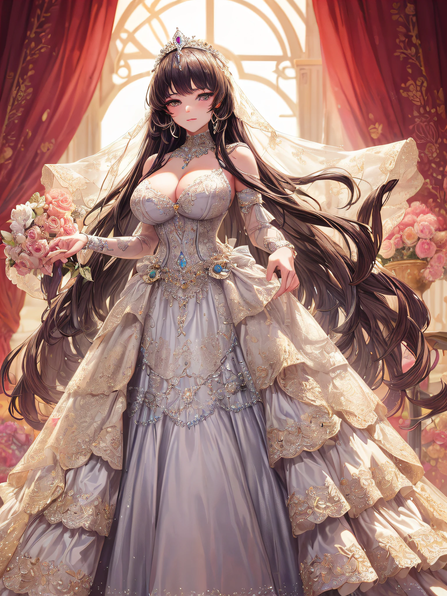 (masterpiece, best quality,extremely detailed,moe anime art style:1.2),1girl, (solo), cute, kawaii,digital art,((1 bling-bling anime princess wearing beautiful embroidery and jeweled gorgeous princess ballgown with voluminous full length hoop skirt)),((crinoline)),long train,voluminous frills,(gorgeous embroidery and beautiful lace),(very gigantic boobs,cleavage,skindentation),((shiny hair,absurdly voluminous straight hair,absurdly Long Hair)),((finely detailed face and eyes)),clear pupil,(bling-bling gorgeousfull jeweled big tiara),((bling-bling gorgeous gemstone jewelry)),long veil,((in beautiful luxury palace)),flowers,flower petals flowing,((looking away)),((beautiful embroidery and jeweled gorgeous princess ballgown with voluminous full length hoop skirt))