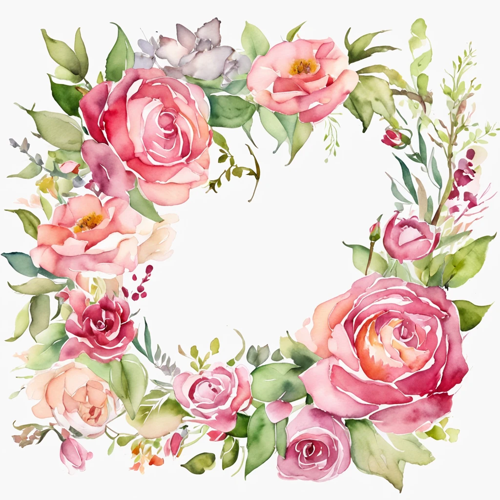 wreath, Floral frame, Delicate watercolor flowers in shades of pink and vibrant rose, Engaging illustrations.