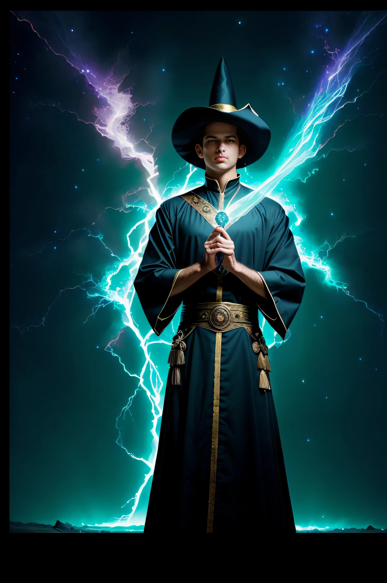 (((Masterpiece))), (((UHD))), (((Textured skin))), (((Super detail))), (((High details))), (((High quality))): Describe a Wizard in mystical robes, holding a gleaming crystal staff. The staff is adorned with arcane symbols and emanates an aura of power. The Magician is in the midst of a magical ritual, conjuring an area of effect magic. His hands are raised, and from the tips of his fingers burst beams of vibrant magical energy in intense colors. The scene is filled with vibrant colors, with the magic of the Magician creating a captivating visual spectacle. The magical rays intertwine in a complex pattern, forming a swirl of colors that spreads through the surrounding environment. Every detail of the magic is meticulously rendered, with textures and light effects that accentuate the pulsating energy. The Wizard's face reveals concentration and determination, his eyes shining with the intensity of the magic power summoned. Her attire is rich in detail, with flowing fabrics and adornments that reflect her expertise in arcane art. With the use of (((atmospheric perspective))), the image is captured at an angle that reveals magic spreading through the air and extending to the horizon, creating a sense of depth and realism. This image is a true work of art, with exceptional image quality and ultra high resolution (((UHD))). Each element, from the glow of the crystal on the staff to the magic rays in full flow, is worked with precision and care ((((super detail))). The vibrant colors and visual spectacle of the effect area magic create an impressive and engaging atmosphere. This high-quality magical representation is a celebration of the Magician's art and his mastery of arcane powers.