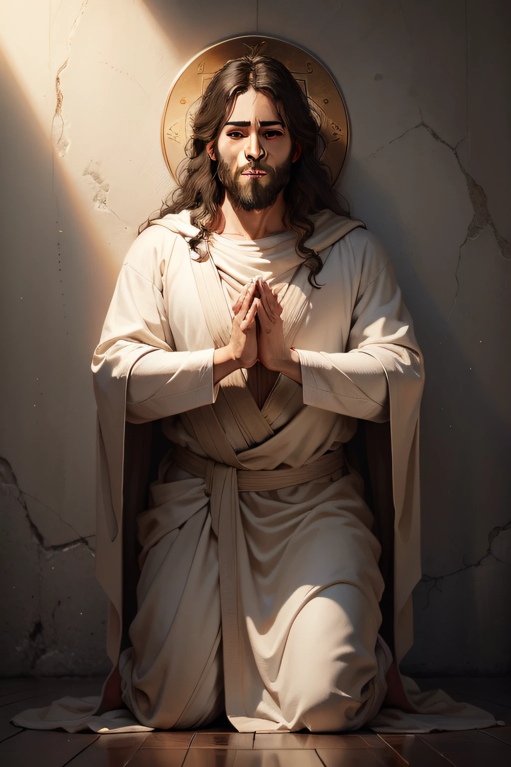 Create an ultra-realistic image of Jesus with his joined hands prostrate in prayer to the heavens