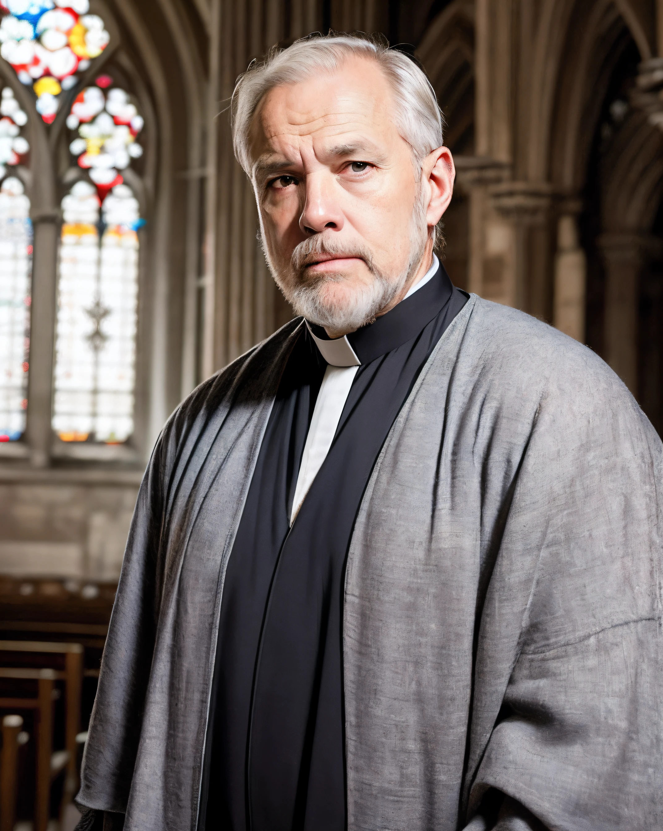 old priest in an empty gothic cathedral, big grey beard, blue eyes, aged skin, ((whole body,)), light coming from windows, diryt monk robes, torn clothes, very serious expression, medieval clothes, portrait
