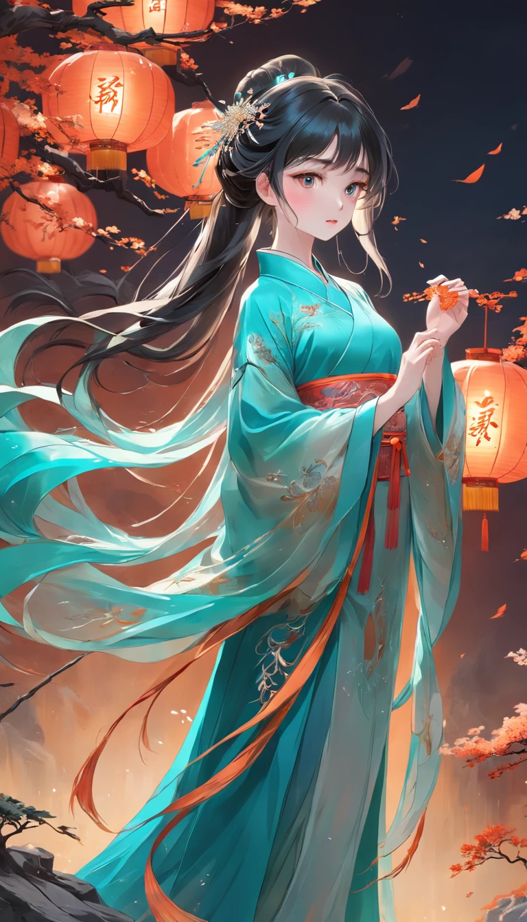 Stunning Chinese Hanfu,Embroidered with crystal translucent branches. The branches shine like diamonds. The phoenix comes to life,Dragging a 2-meter skirt. The whole body is beautiful, Noble, Turquoise,cute big breasts, magic, Octane rendering, Surreal, Light background