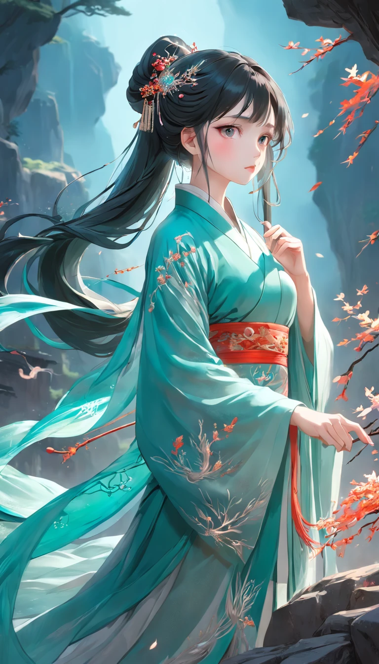 Stunning Chinese Hanfu,Embroidered with crystal translucent branches. The branches shine like diamonds. The phoenix comes to life,Dragging a 2-meter skirt. The whole body is beautiful, Noble, Turquoise,cute big breasts, magic, Octane rendering, Surreal, Light background