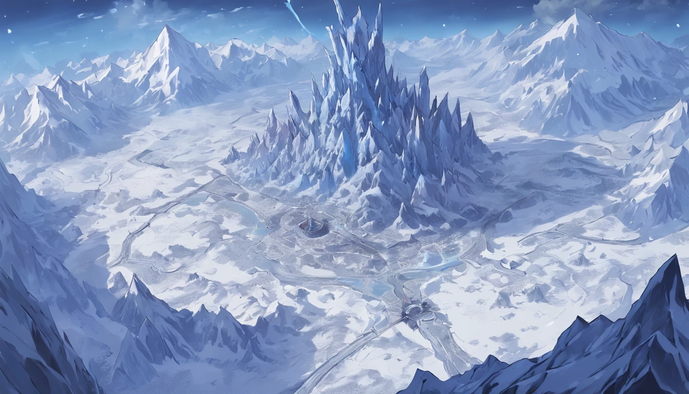 frozen continent,halo, game map, Hyrule, Ancient Fantasy Regional Map, Highly detailed map,Detailed Map, Height Map,world map、Isekai Map、Map of the Kingdom、Otherworldly Adventure、ice mountains、K HD、meticulous、Ground View、Spread up,pixel art, freljord, blizzard, cold wind, blue ice, ice crystais, nomad caravan
