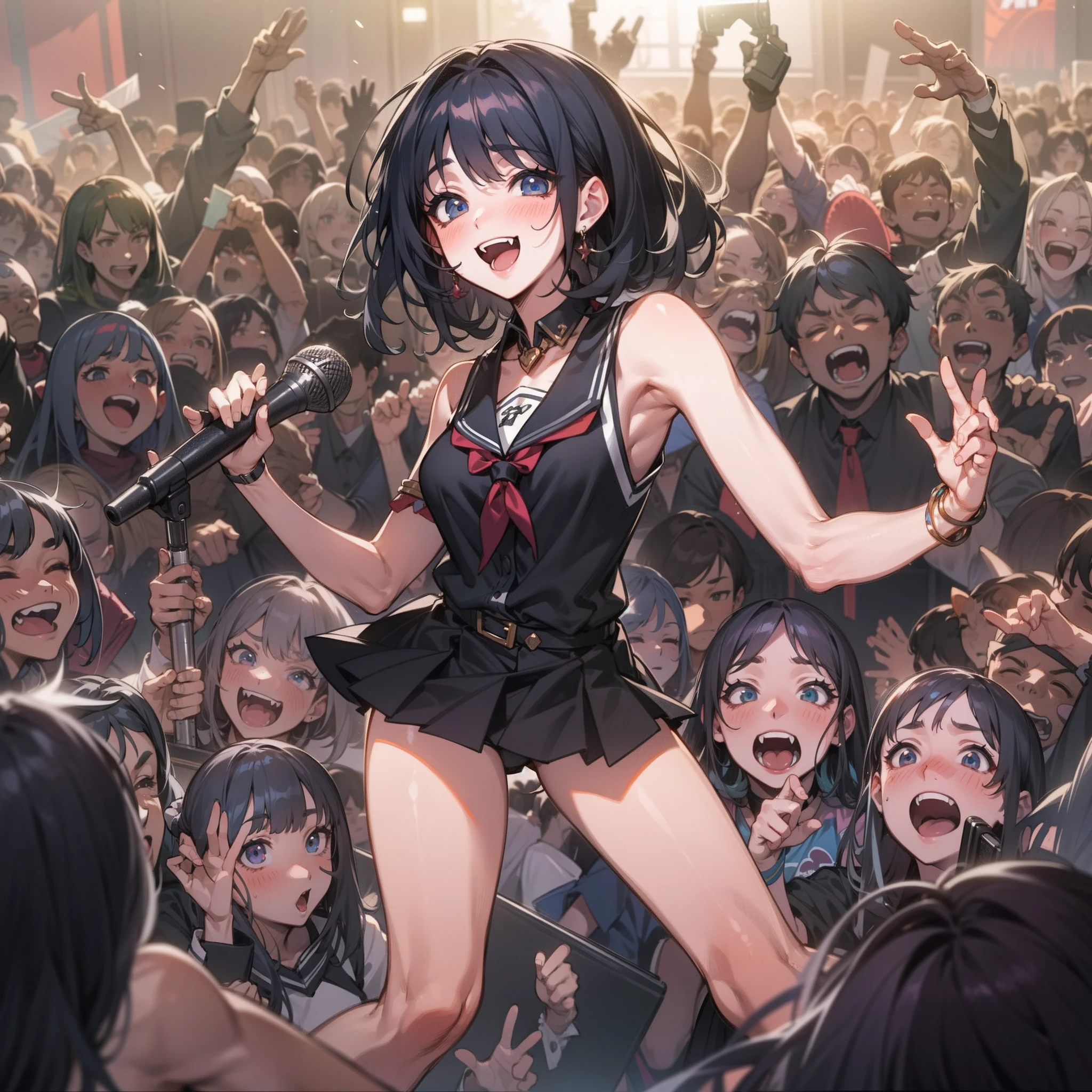 This is a image of a girl singing on the stage looking at her fans, masterpiece, 8k, very highly detailed concert background, very highly detailed crowded fans Scenario, anime idol, idol, black hair, sharp eyes, sharp face, black shirt, black skirt, one leg fully raised while the other leg rest on the floor, one arm pointing towards the fans while the the other arm is holding the microphone towards the mouth, open mouth, fangs out, smiling, blushing